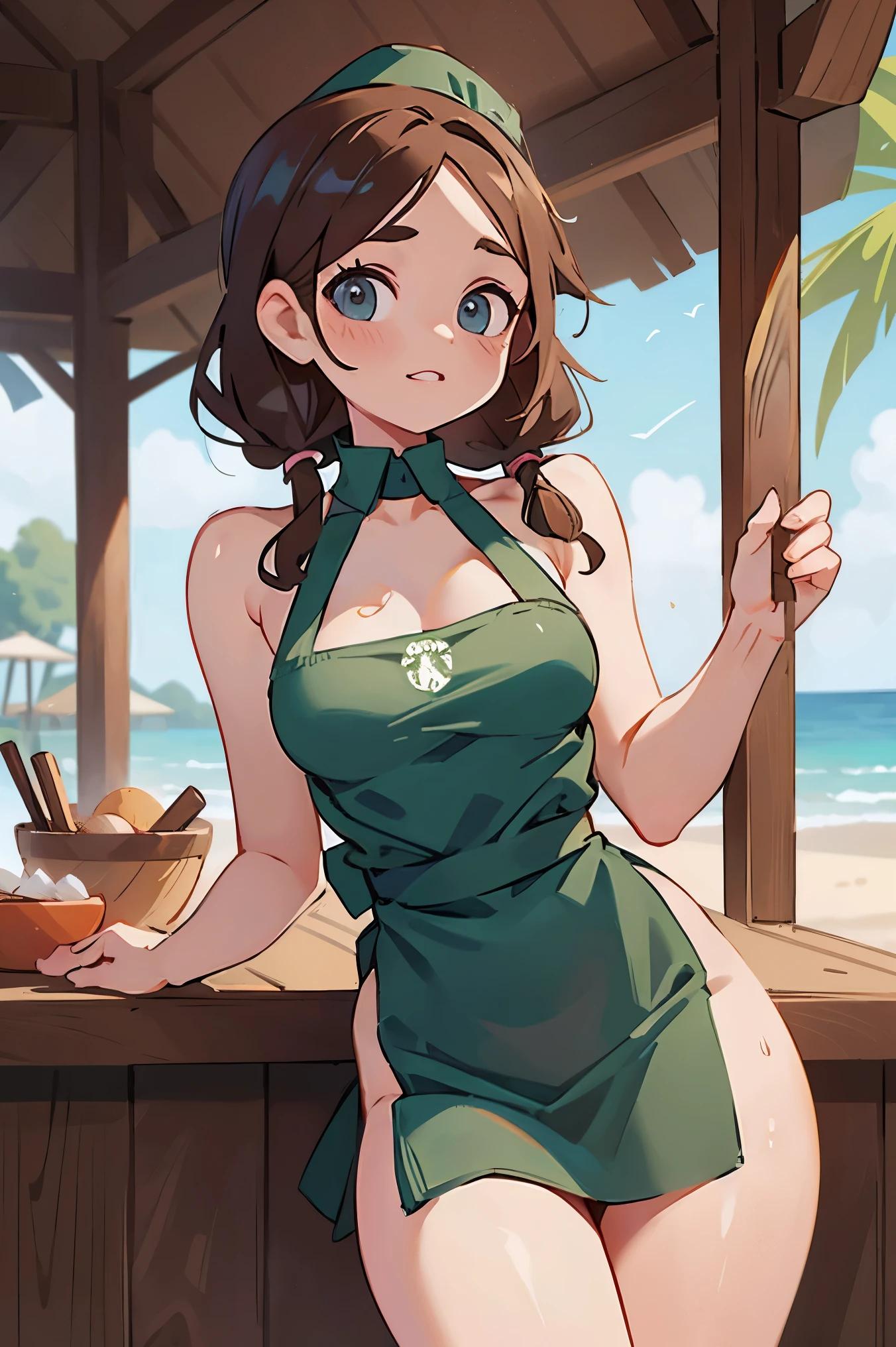 best quality, masterpiece:1.2), highly detailed, HDR, girl, 18 years old maid, (starbucks apron, naked apron, large neckline: 1.2), model position, looking at the viewer, (beautiful detailed eyes, beautiful detailed lips, extremely detailed eyes and face, long eyelashes), (shapely, rounded, hourglass) body, (beautiful detailed breasts, shapely firm breasts), (shapely, toned) legs, seductive atmosphere, flirtatious look, very sexy, at the cafe, (seductive smile), Beach bar, wooden structure, straw roof, sunny weather