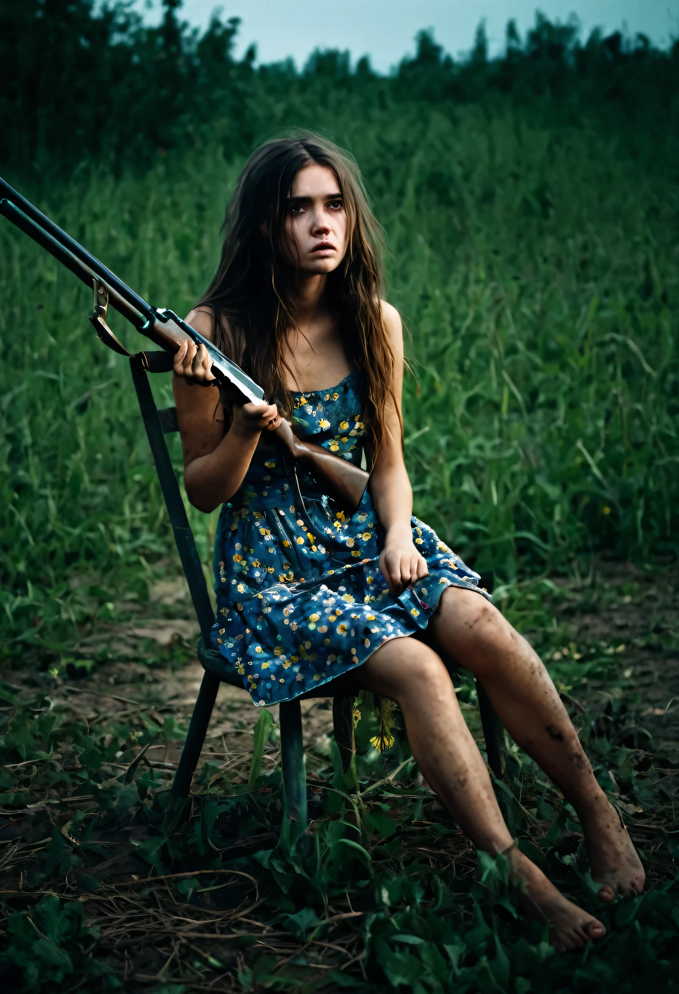 Girl sitting on a chair, enjoying the farm, wearing a dirty flowered dress, barefoot, extremely sad, lonely, hurt, long hair, messy hair, atmosphere of terror, horror, terrifying, holding a shotgun