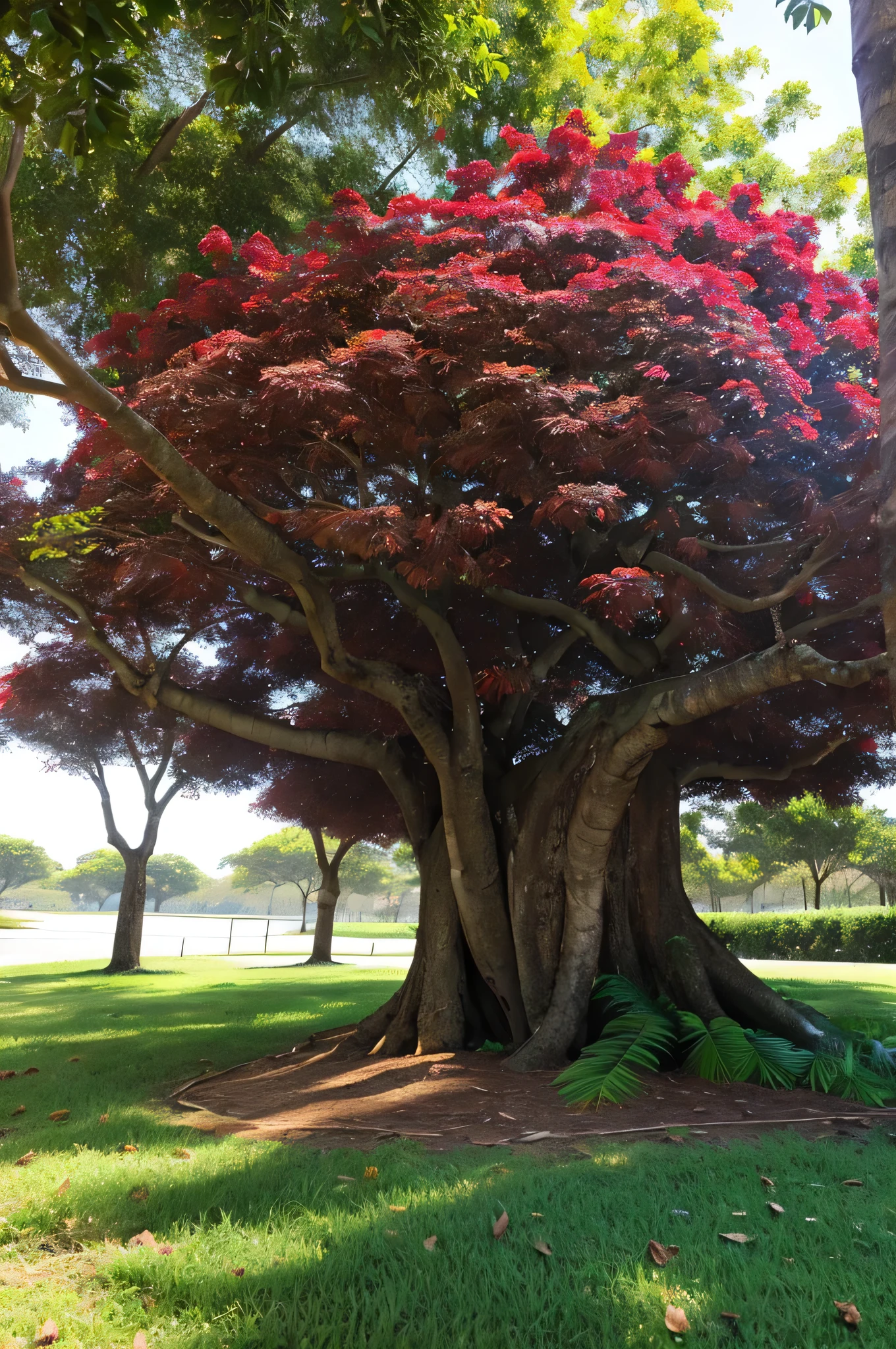 Uma grande, important and leafy colorful tree, In front of the camera. Cores fortes e vibrantes. Kinematic lighting.