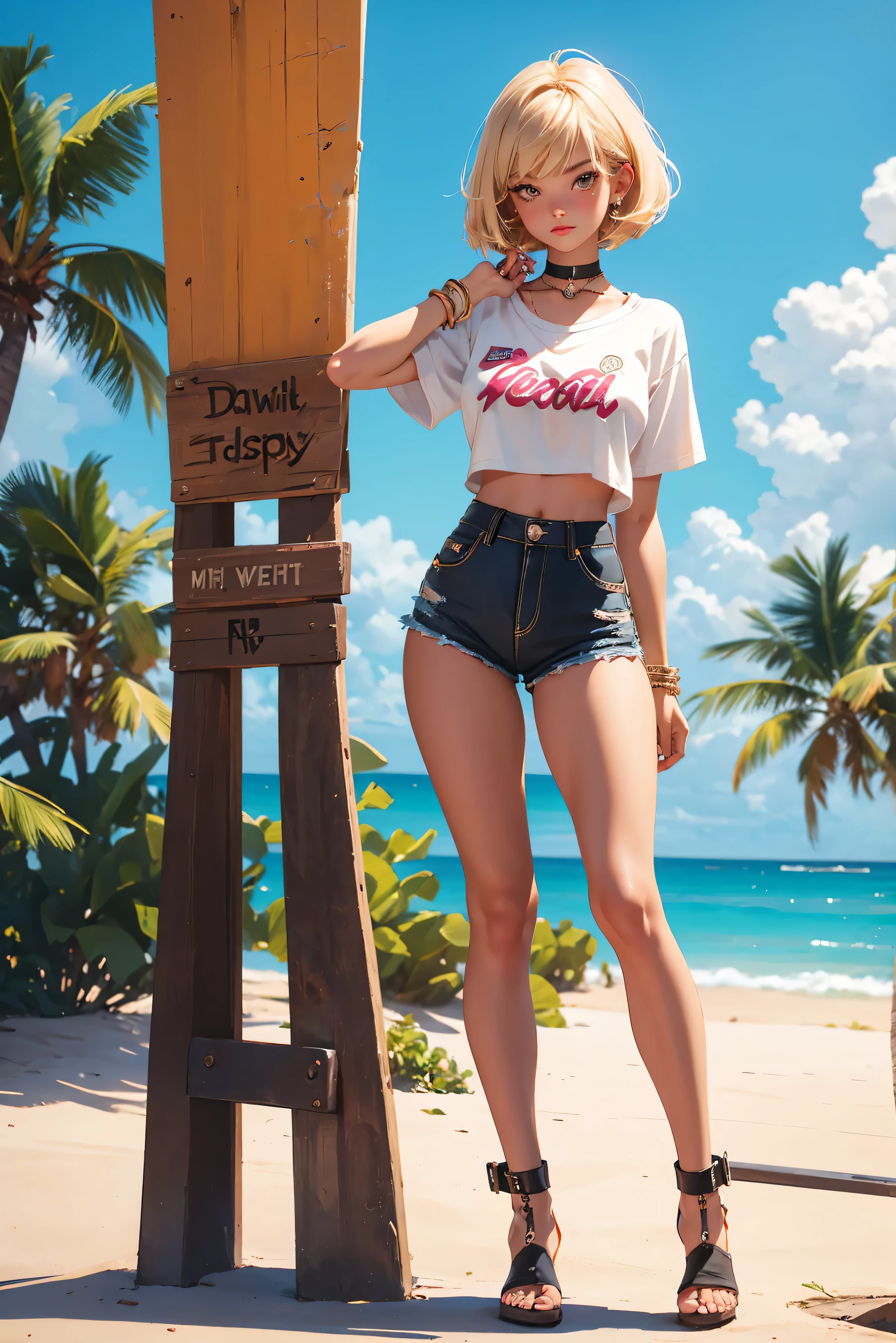 age girl-model 18 years old, beautiful, blonde, bob hair, bangs, brown eyes, beautiful figure, girl wearing crop shirt and too short mini shorts, beautiful long legs, slave bracelets, slave choker, manicure, cute makeup, flirtatiously posing, hot summer, hot flirty, sexy posing, summer outfit, top quality, higest quality, pin-up style, retro 80s style, Daisy Dukes style, slave girl, Miami vibes,