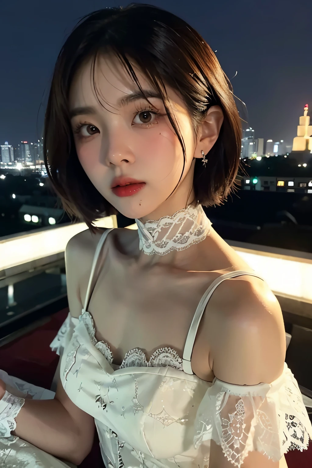 Korean Girls, Shoulder length short hair, ((At the rooftop restaurant)), Dating, pov, Still face, ((white lace dress)), candlestick, Luxurious beef steak, close face