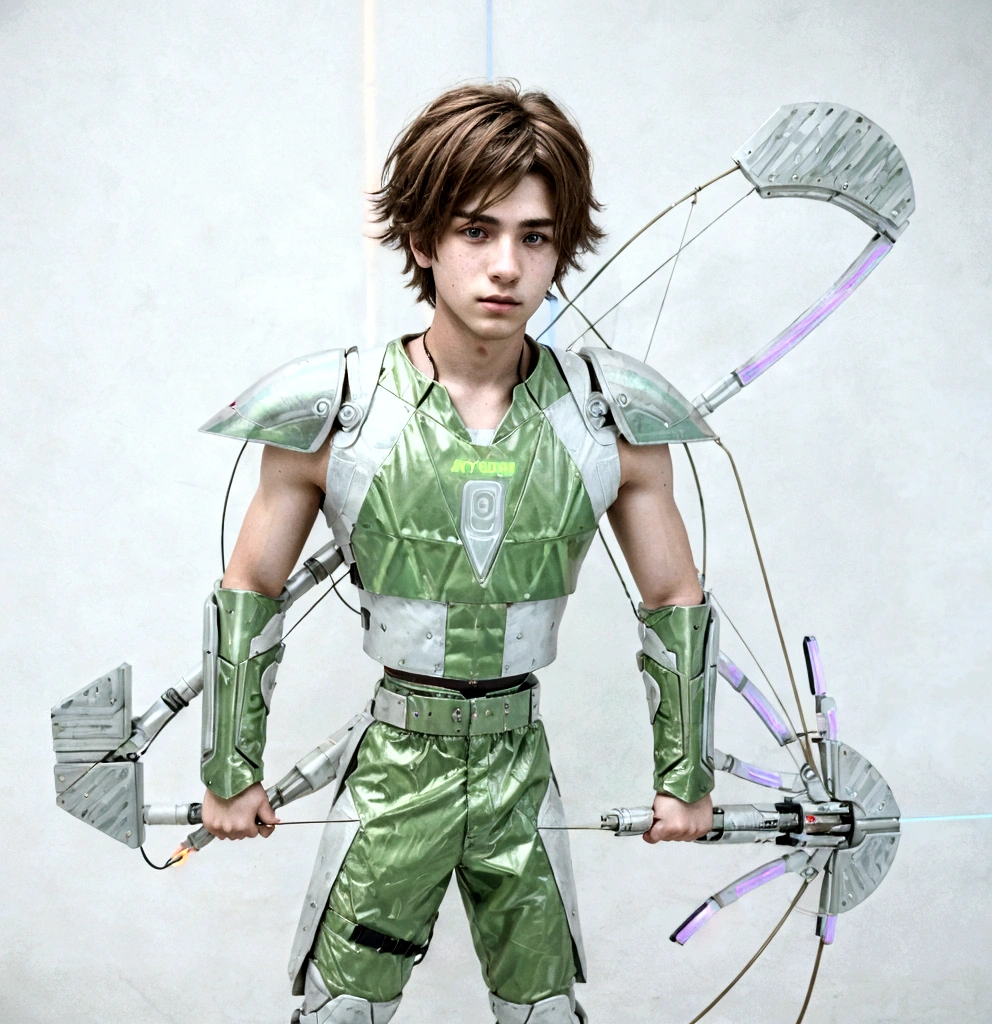 Full-length hyperrealistic photograph of a 1 boy, 20 years old, cyberpunk archer, with cyberpunk technological armor, neon lights effects, energy bow, energy arrows, short brown hairs, masterpiece, photorealistic, raw camera, uhd, 8k