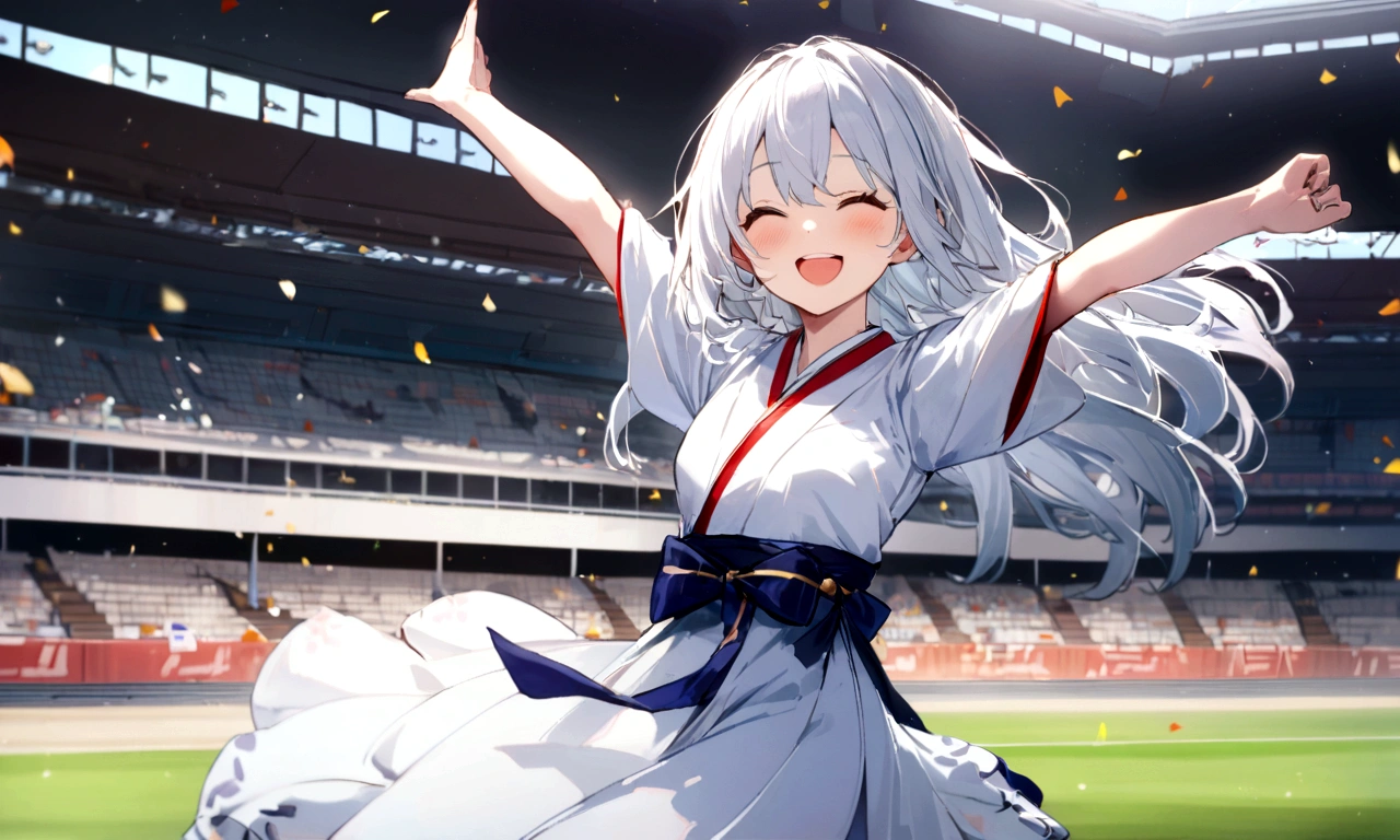 1 girl, college aged, 12 years cheering, grandstand arena, Wearing a white japanese tradicional dress, grandstand, Happy、White hair、Longhaire、Hair is raging、a smile