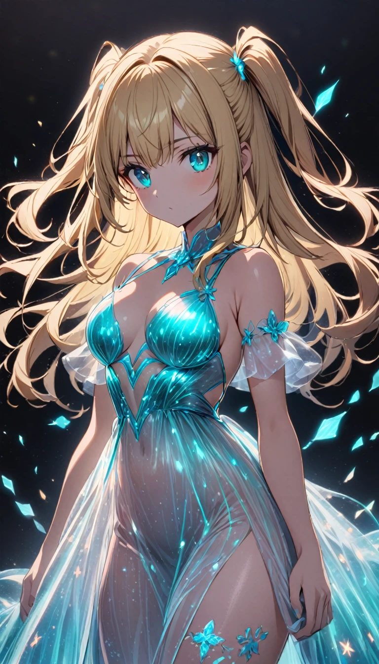 1girl,two side up,long hair,blonde hair,,turquoise eyes,bioluminescent dress,dark background,cowboy shot,