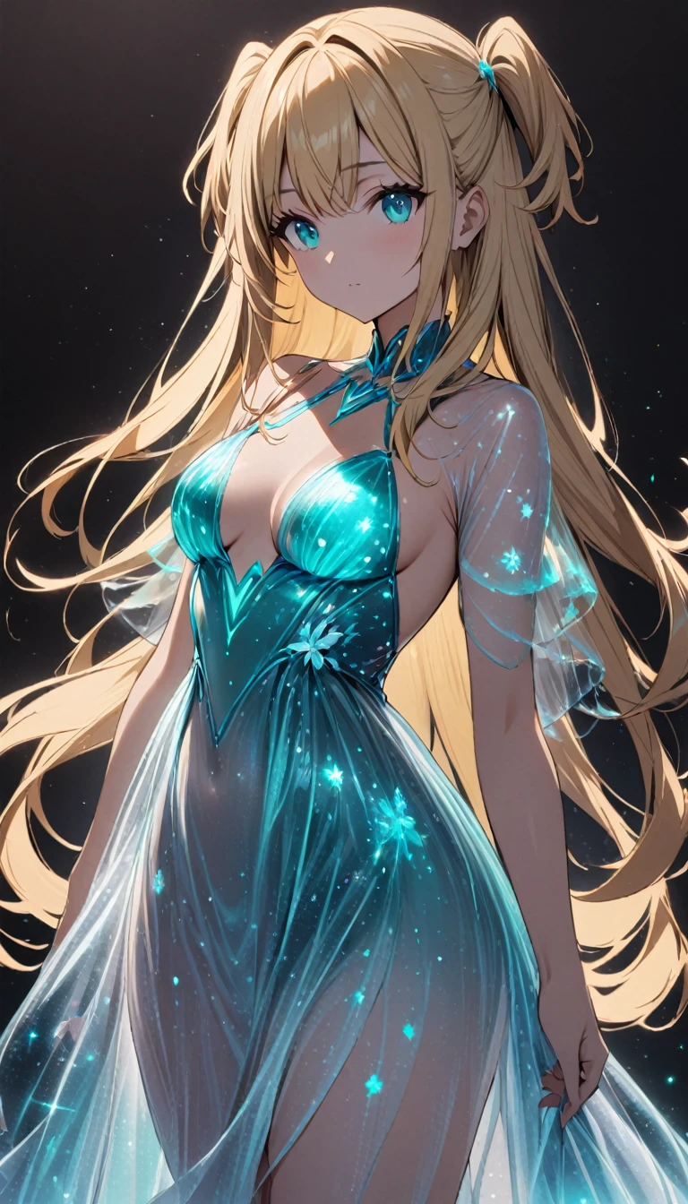1girl,two side up,long hair,blonde hair,medium breasts,turquoise eyes,bioluminescent dress,dark background,cowboy shot,