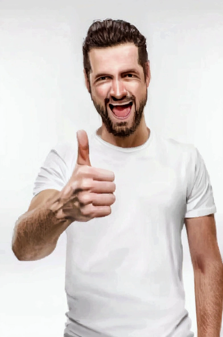 a man in a white shirt is making a Pulgares hacia arriba sign, giving a Pulgares hacia arriba, giving the Pulgares hacia arriba, giving a Pulgares hacia arriba to the camera, Pulgares hacia arriba, haciendo un pulgar hacia arriba, Making the best smug smile, Hombre atractivo, Man in his 30s, vestido con una camiseta blanca, hombre atractivo, hombre con camiseta blanca, rodeado por cachorros tiernos, perritos felices.