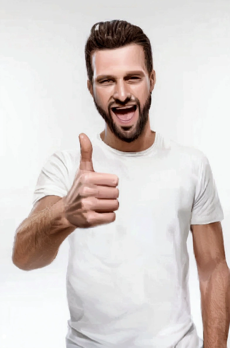 a man in a white shirt is making a Pulgares hacia arriba sign, giving a Pulgares hacia arriba, giving the Pulgares hacia arriba, giving a Pulgares hacia arriba to the camera, Pulgares hacia arriba, haciendo un pulgar hacia arriba, Making the best smug smile, Hombre atractivo, Man in his 30s, vestido con una camiseta blanca, hombre atractivo, hombre con camiseta blanca, rodeado por cachorros tiernos, perritos felices.