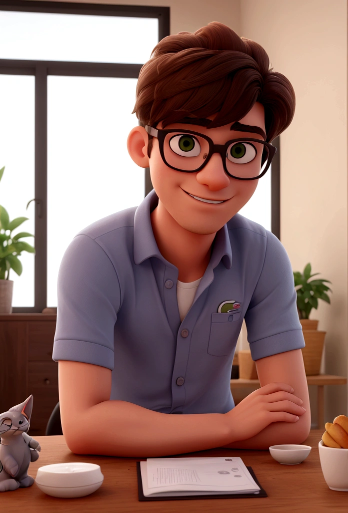 melhor qualidade, high resolution, imagem distinta, jovem, masculino, magro, with glasses, alto, cabelo curto e preto camisa lacoste, iphone 15, short lacoste, sapato lacoste, sitting at the breakfast table with your cat, drinking coffee, gatos, preto, laranja e branco, roronando, em cima da mesa