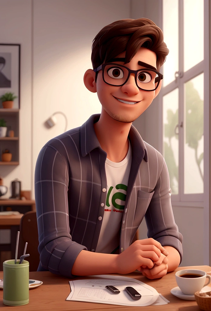 melhor qualidade, high resolution, imagem distinta, jovem, masculino, magro, with glasses, alto, cabelo curto e preto camisa lacoste, iphone 15, short lacoste, sapato lacoste, sitting at the breakfast table with your cat, drinking coffee, gatos, preto, laranja e branco, roronando, em cima da mesa