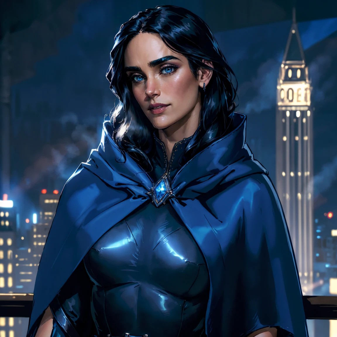 Masterpiece, Jennifer Connelly, cowboy shot, RavenTT, wearing a sexy RavenTT navy-blue cloak, black leotard, brooch, belt, perfect detailed eyes, delicate smile on your face, on the top of a loft in Los Angeles City at night with buildings and lights in the background bringing an elegant and modern air to the scene.