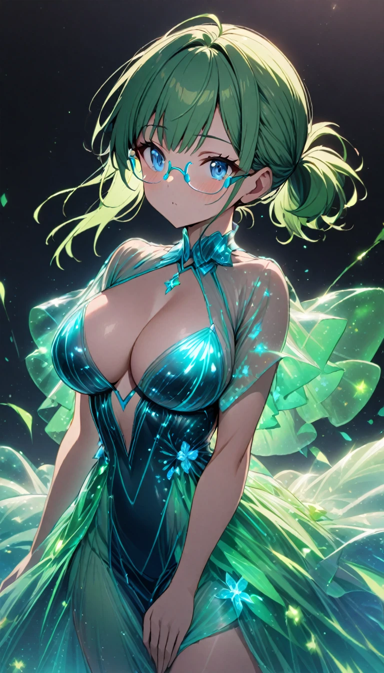 1girl,green hair,short ponytail,rimless eyewear,blue eyes,large breasts,bioluminescent dress,dark background,cowboy shot,