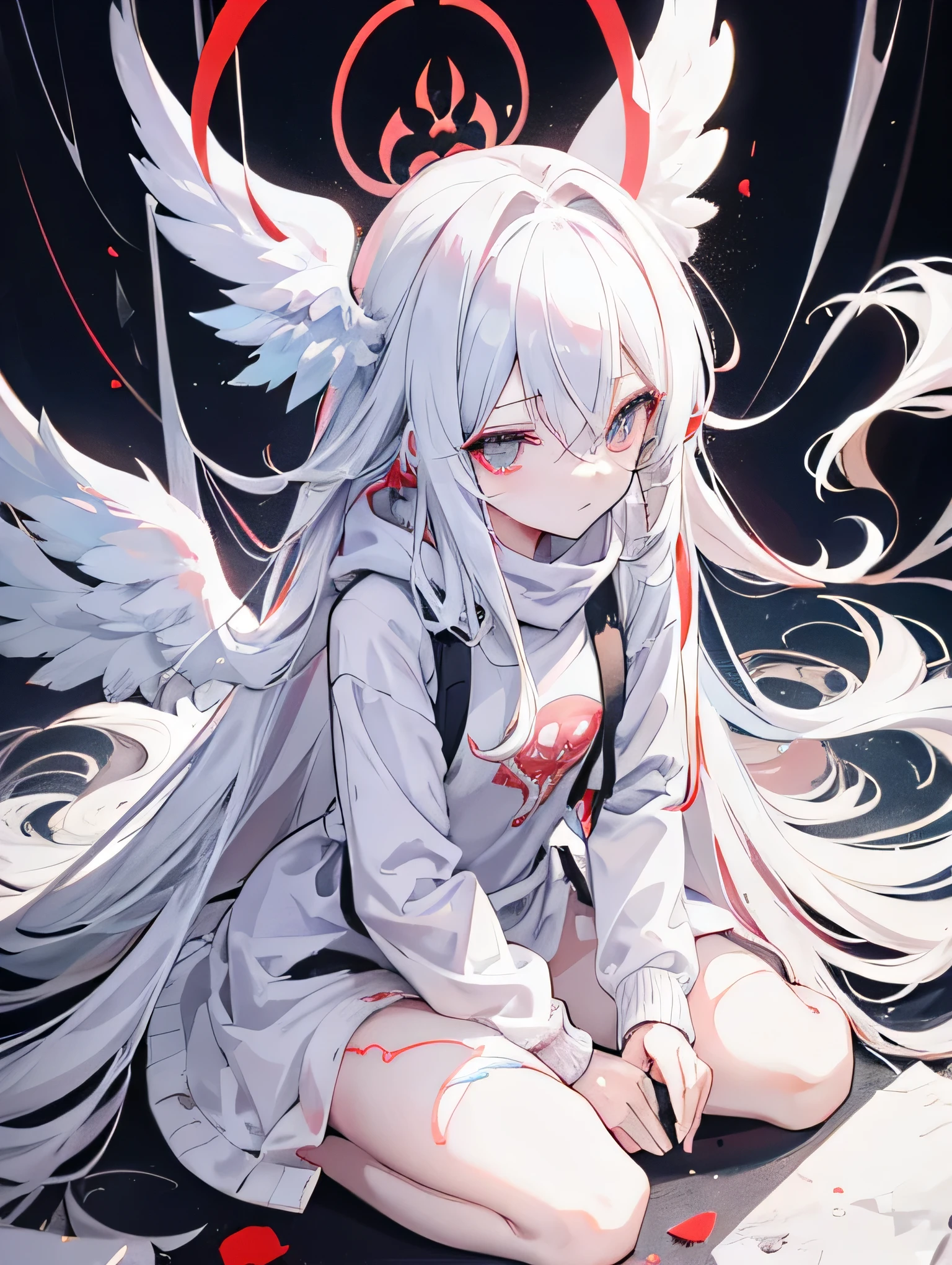 Aerial view, super Saiyajin White, long hair White, nyarlathotep, head of red, creature, style nyarlathotep, H. P. Lovecraft, wearing a black and white sweatshirt with details, a spawn with white hair sitting on a cloud with wings, The character has torn clothes and is in an external environment with clouds of dust around,