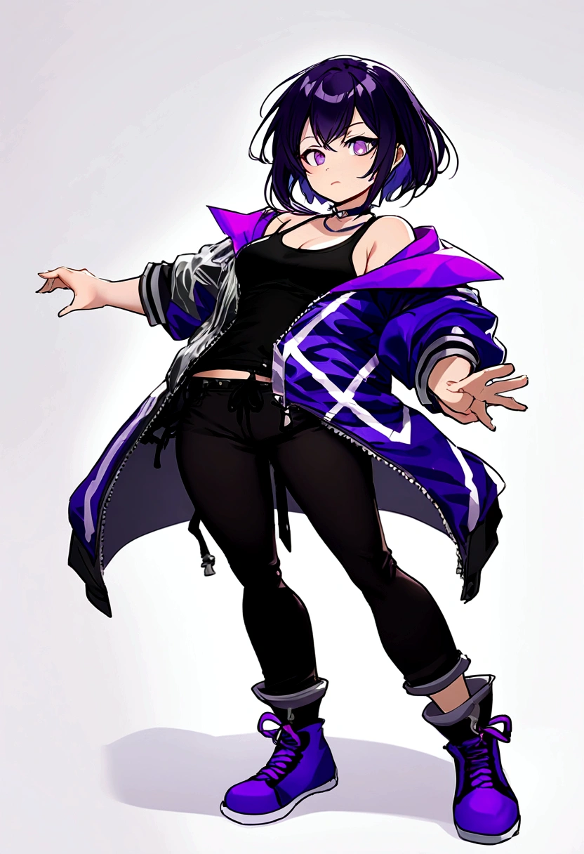 full body, tomboy, mature, sexy, smart, hair color black, short pitch black hair, eyes pupil purple, Short jacket, black plain tank top, long black plain jeans, black sneakers with purple ties, black chokers, humble,vibrant colors,white plain background.