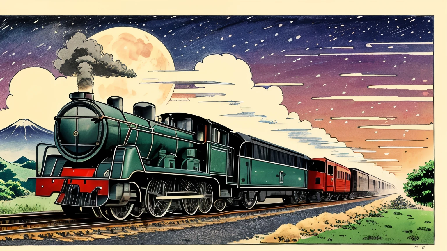 Smoke in the center of the locomotive、headlight、Japan countryside、cinematic scenery、Guibli、large moon、Clouds,masutepiece,Best quality,Sketch style、