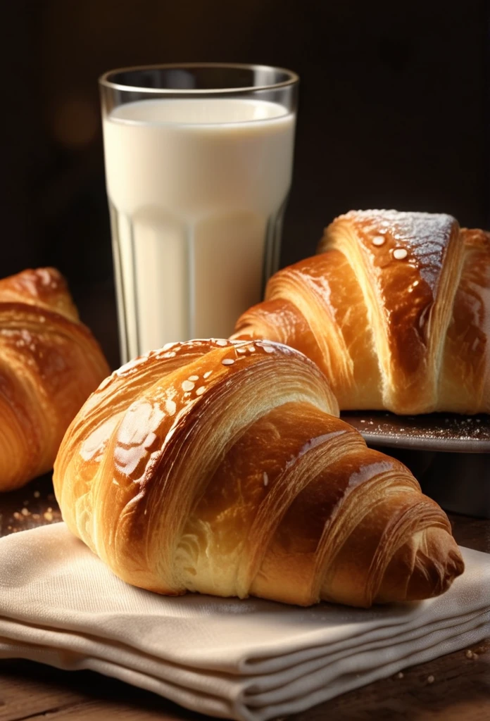 a freshly baked croissant, warm bread rolls, a glass of cold milk, soft lighting, detailed illustration, photo-realistic, intricate details, high resolution, cinematic lighting, warm golden tones, appetizing, delicious, bakery, cozy atmosphere, mouth-watering, delectable, scrumptious, sumptuous, enticing, tempting