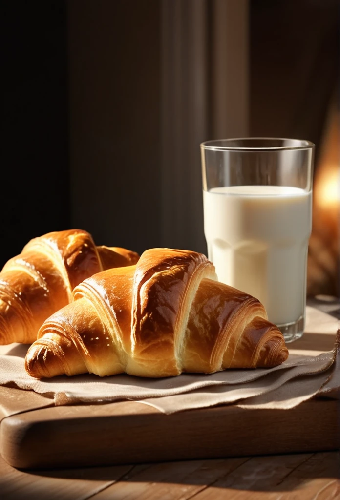 a freshly baked croissant, warm bread rolls, a glass of cold milk, soft lighting, detailed illustration, photo-realistic, intricate details, high resolution, cinematic lighting, warm golden tones, appetizing, delicious, bakery, cozy atmosphere, mouth-watering, delectable, scrumptious, sumptuous, enticing, tempting