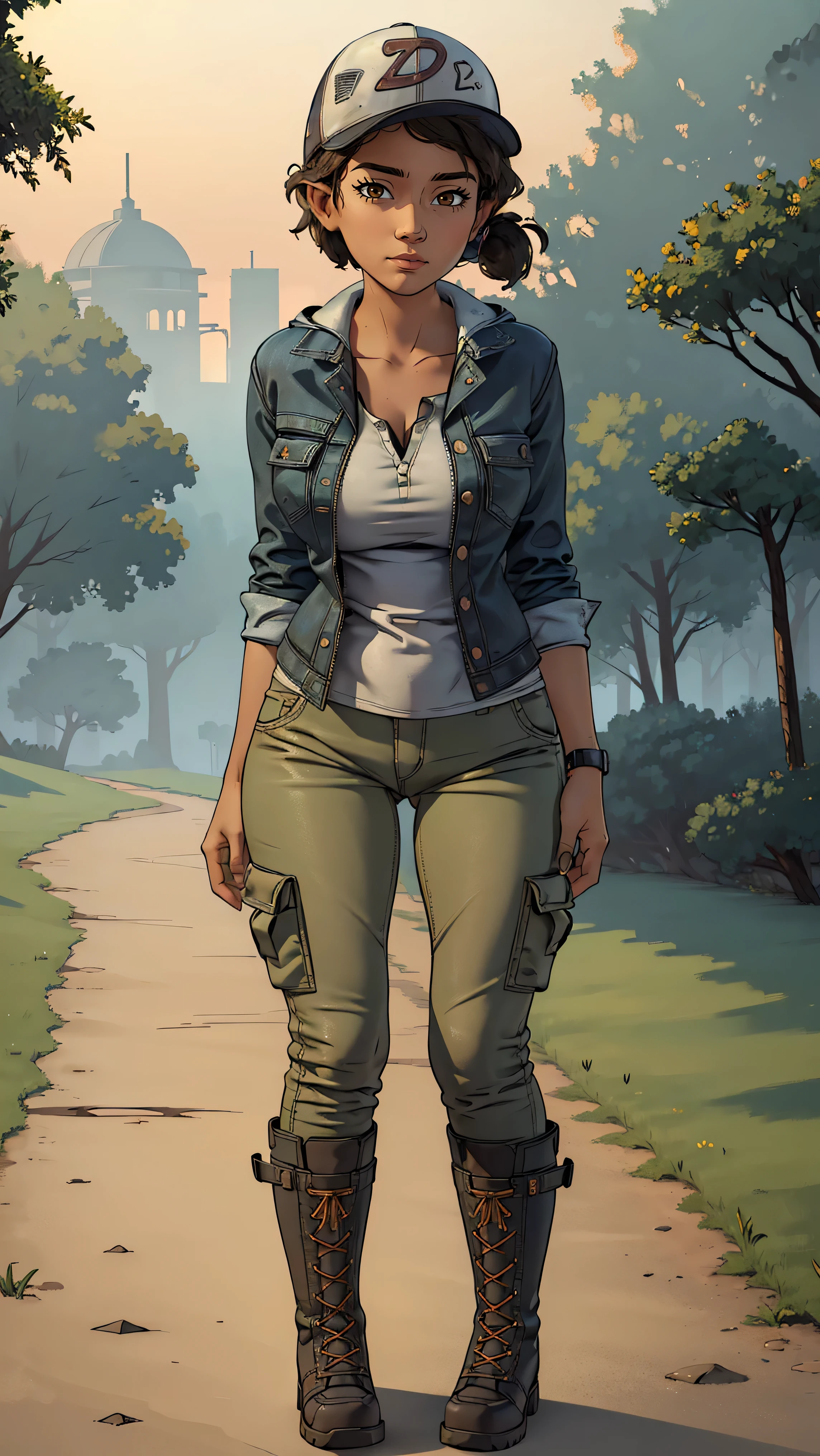 ((masterpiece, best quality)),(complex lighting) ,solo,(((1girl))) ,clementine, light skin,light-skinned female, baseball cap, green cargo pants, brown eyes, tight pants, combat boots, shirt, short hair, one short ponytail, open denim jacket, huge butt, thicc butt , (((8k))), (((full body))), (((bent over))), (((looking at the viewer))), (((view from in front of her))), big breasts