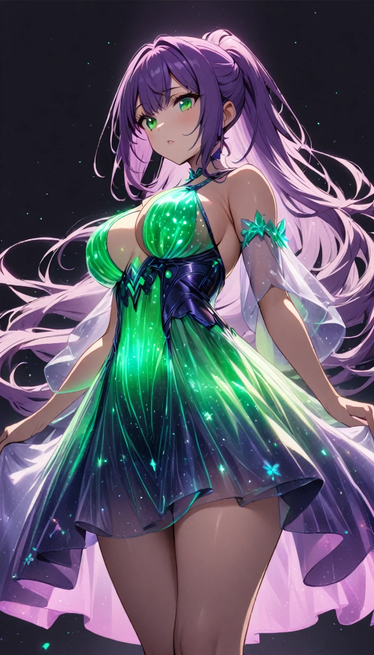1girl,purple ponytail hair,green eyes,large breasts,bioluminescent dress,dark background,cowboy shot