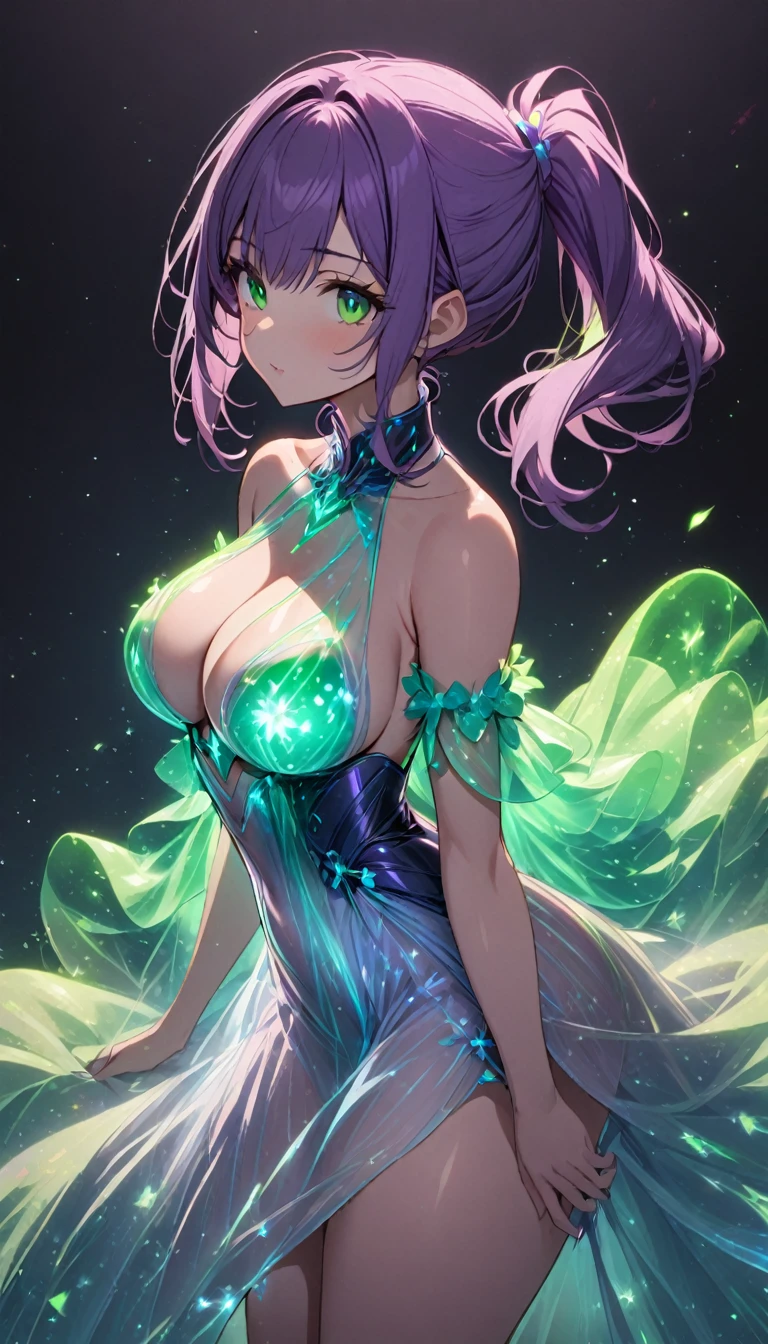 1girl,purple ponytail hair,green eyes,large breasts,bioluminescent dress,dark background,cowboy shot
