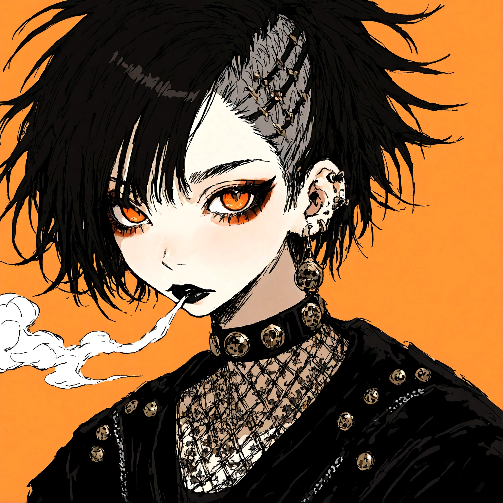 a punk female with long curly black hair, orange eyes and an orange backround, smoke coming from mouth, wearing punk goth attire, wearing goth makeup, solo, alone, black eyeliner, (SOLO)(ALONE), intricate gold ear piercings, has a shaved undercut