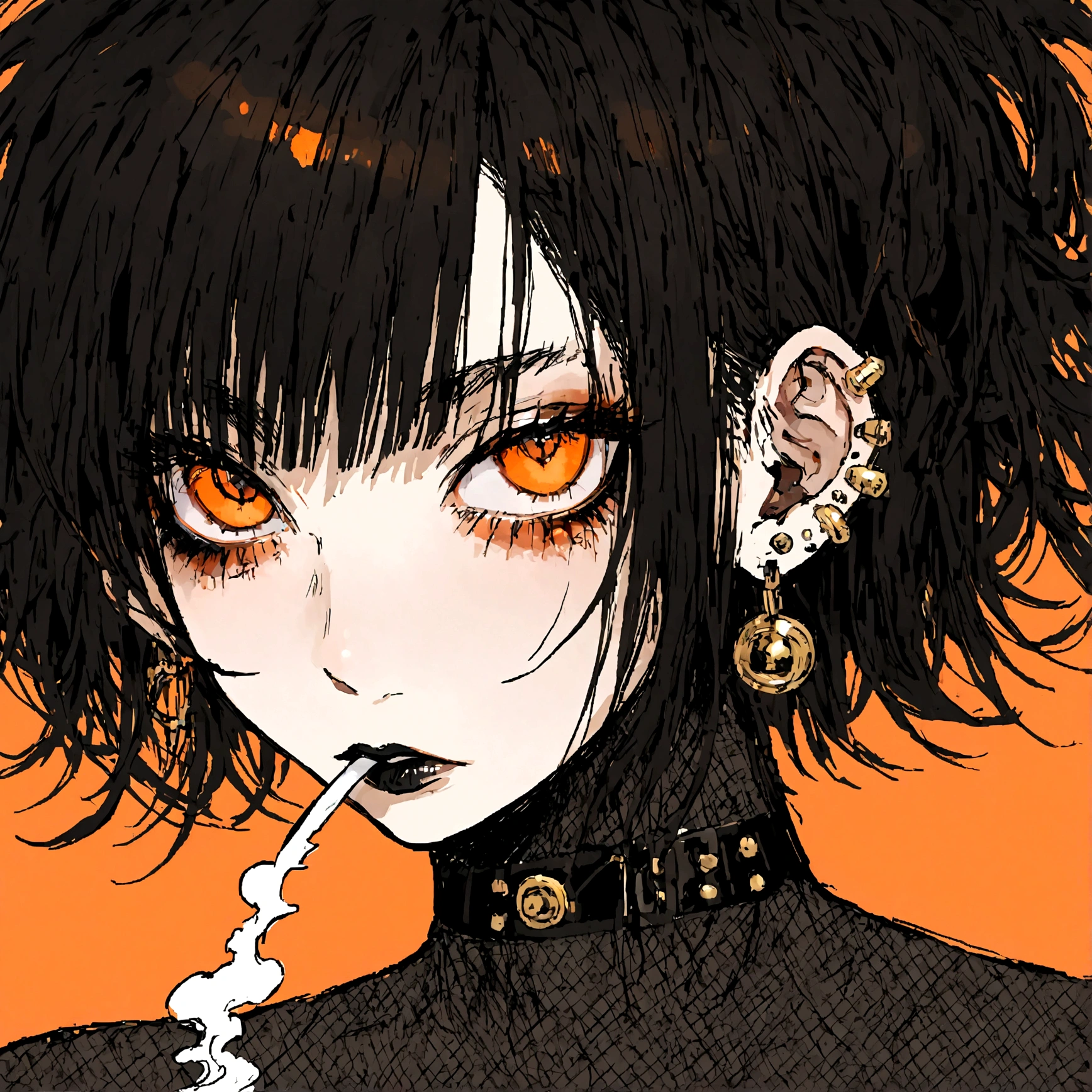 a punk female with long curly black hair, orange eyes and an orange backround, smoke coming from mouth, wearing punk goth attire, wearing goth makeup, solo, alone, black eyeliner, (SOLO)(ALONE), intricate gold ear piercings, has a shaved undercut