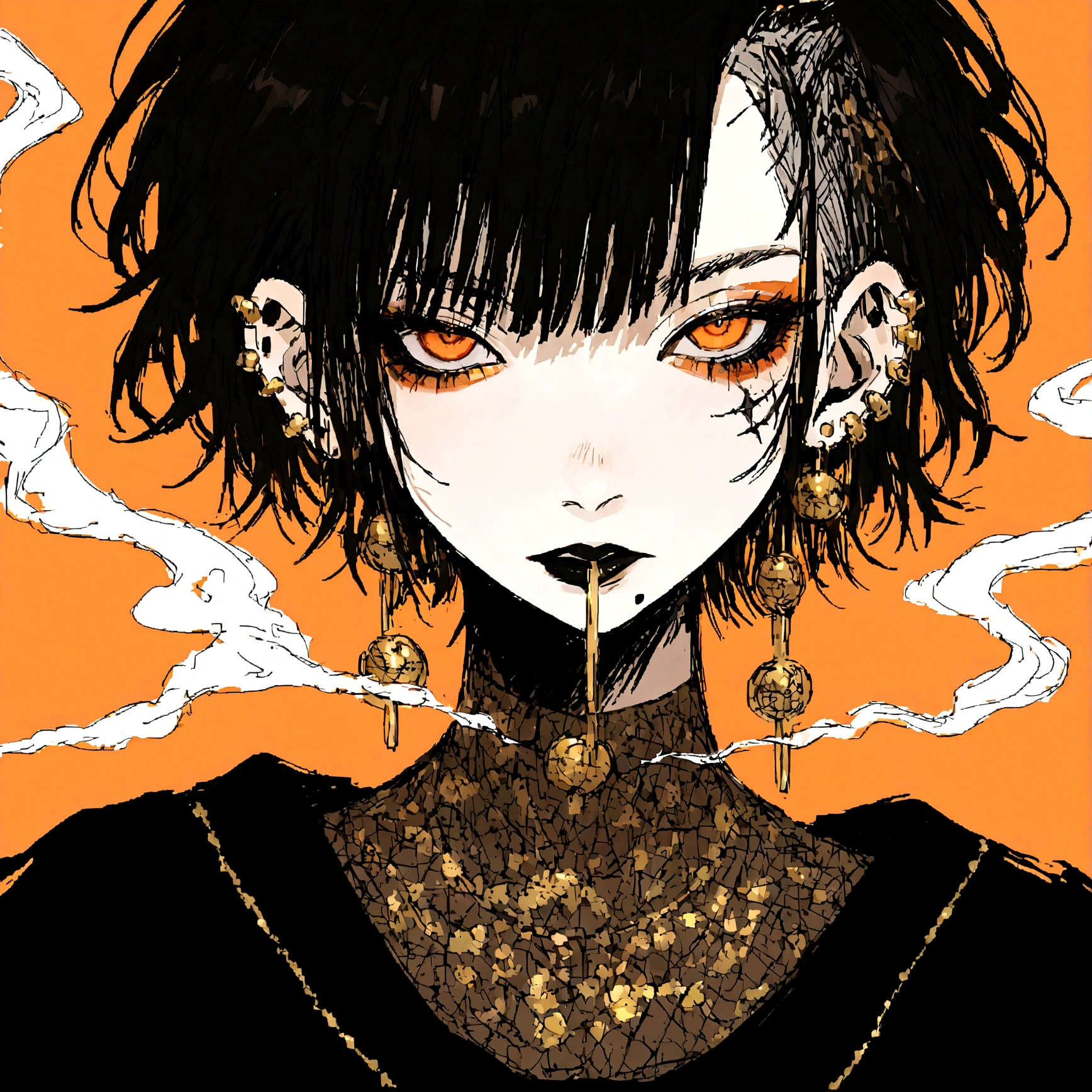 a punk female with long curly black hair, orange eyes and an orange backround, smoke coming from mouth, wearing punk goth attire, wearing goth makeup, solo, alone, black eyeliner, (SOLO)(ALONE), intricate gold ear piercings, has a shaved undercut