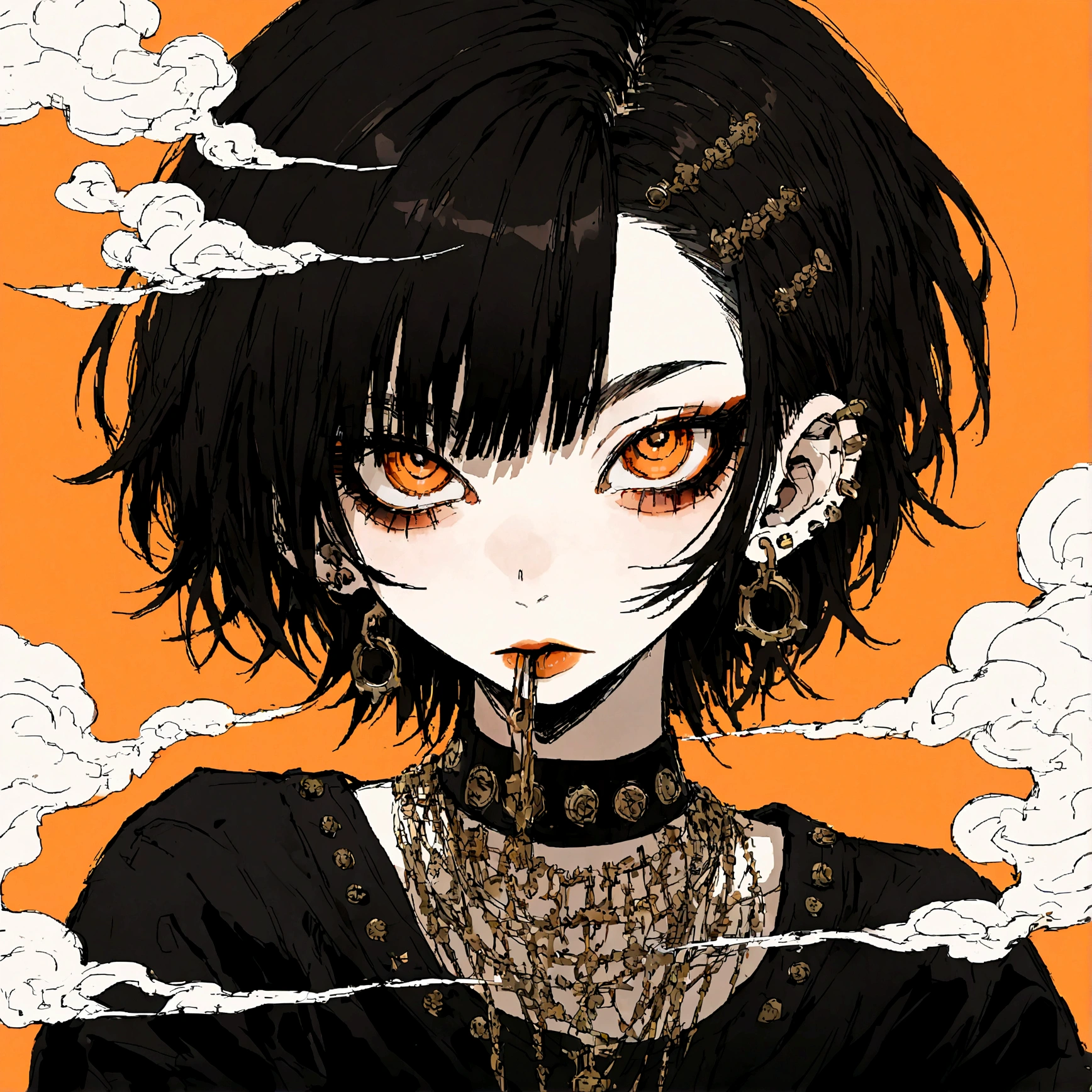 a punk female with long curly black hair, orange eyes and an orange backround, smoke coming from mouth, wearing punk goth attire, wearing goth makeup, solo, alone, black eyeliner, (SOLO)(ALONE), intricate gold ear piercings, has a shaved undercut