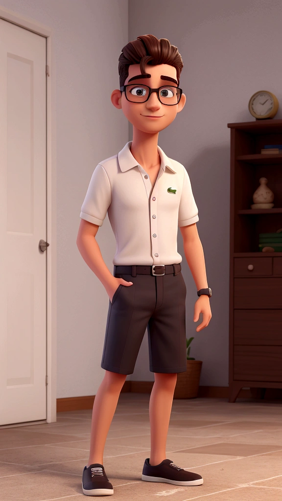 melhor qualidade, high resolution, imagem distinta, jovem, masculino, magro, with glasses, alto, cabelo curto e preto camisa lacoste, iphone 15, short lacoste, sapato lacoste