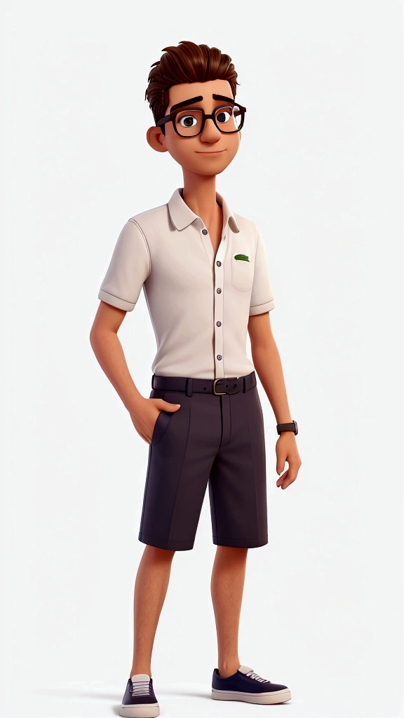 melhor qualidade, high resolution, imagem distinta, jovem, masculino, magro, with glasses, alto, cabelo curto e preto camisa lacoste, iphone 15, short lacoste, sapato lacoste