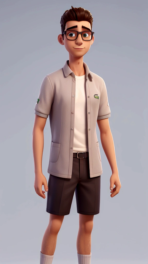 melhor qualidade, high resolution, imagem distinta, jovem, masculino, magro, with glasses, alto, cabelo curto e preto camisa lacoste, iphone 15, short lacoste, sapato lacoste