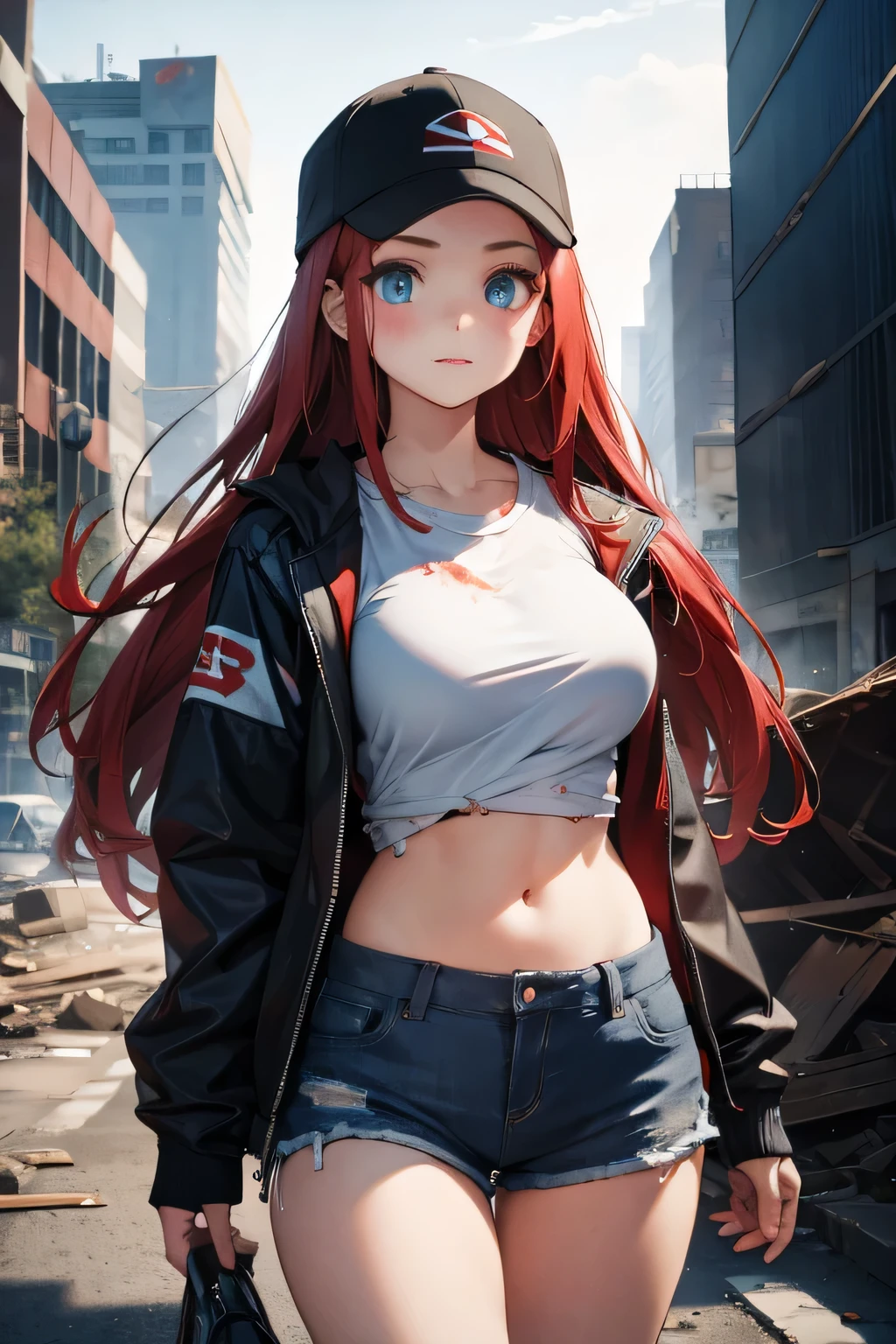 1 girl, single girl, cute, long red hair, light blue eyes, big breasts, big hips, shorts, loose white t-shirt, black jacket, sports cap, post apocalyptic, worn clothes, scratches, ruined city, destroyed city, rubble, collapsed buildings