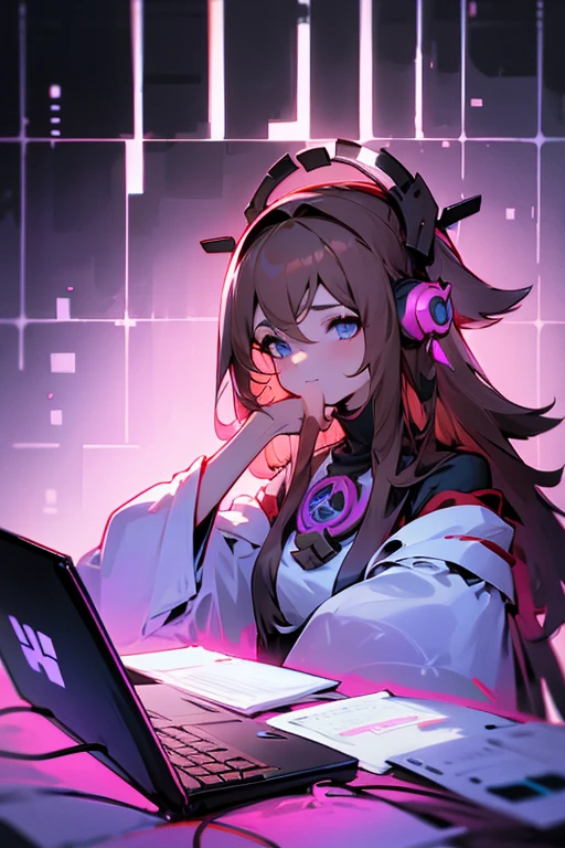 create an image of a brunette with headphones and a computer Head and hair: Cabelo castanho escuro.
Fones de ouvido: Modernos e estilizados.
Computador: A laptop to reinforce the gaming environment.