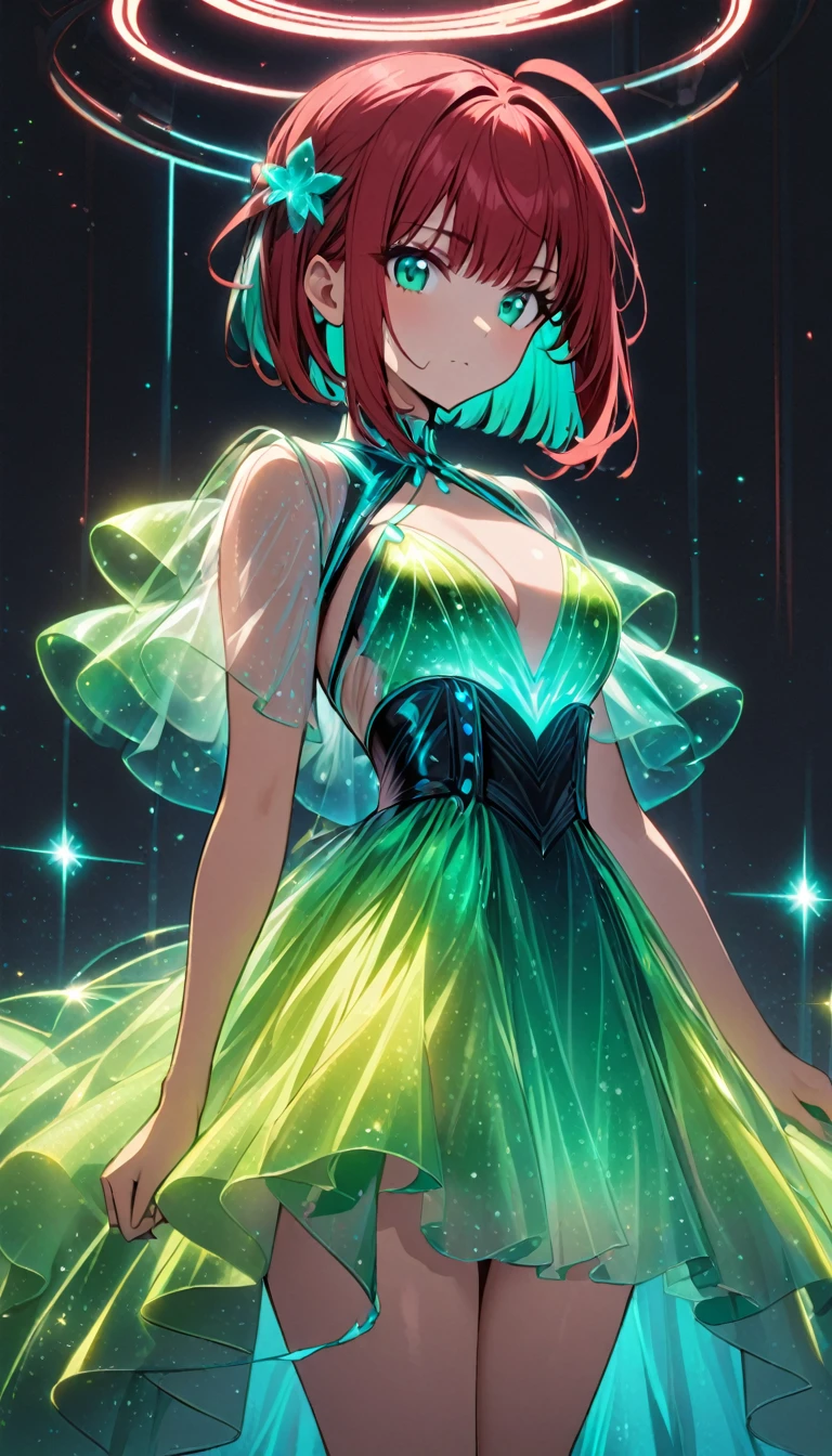 1girl,rubyred hair,bowlcut hair,half circle ahoge,blue green eyes,bioluminescent dress,dark background,cowboy shot