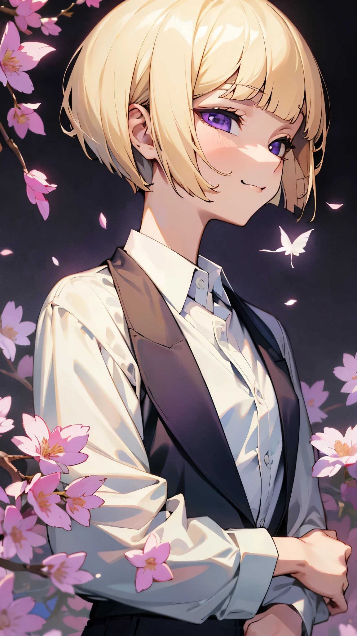 （highest quality，masterpiece，Surreal），(blonde)、short hair、Bobcut、Blunt bangs、Beautiful purple eyes、Slender body、profile、Upper body close-up、White shirt、Black work trousers、Black Fitted Blazer、Calm face、Mouth closed、Cheeky Smile、Squint your eyes、Beautiful and delicate girl portrait，Playful and cute，Background Petals fluttering，