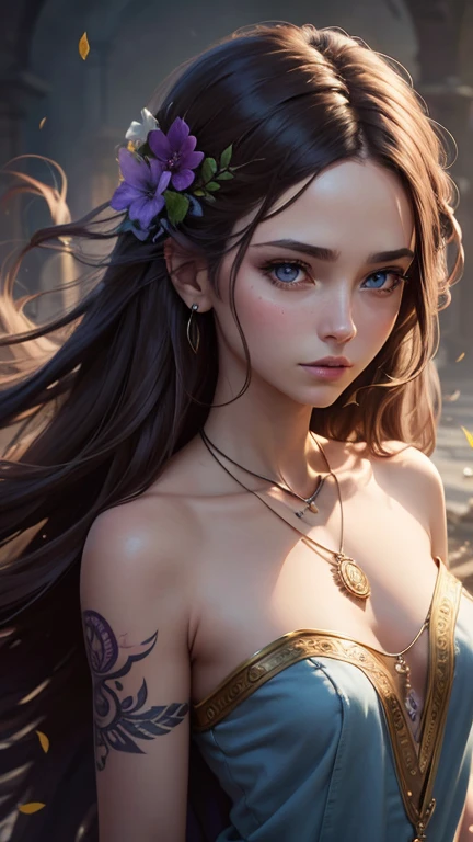 The image depicts a stylized, digital artwork of a female character. She has long, flowing brown hair adorned with purple flowers, giving her a mystical or ethereal appearance. The character has striking blue eyes and is wearing a detailed, ornate necklace with a circular pendant. Her skin is fair, and she has a tattoo or design on her right shoulder that resembles a feather or leaf motif. The overall aesthetic of the image is quite detailed and suggests a fantasy or fantasy-inspired theme. The character's expression is neutral, and she is looking directly at the viewer, which gives the image a sense of engagement.