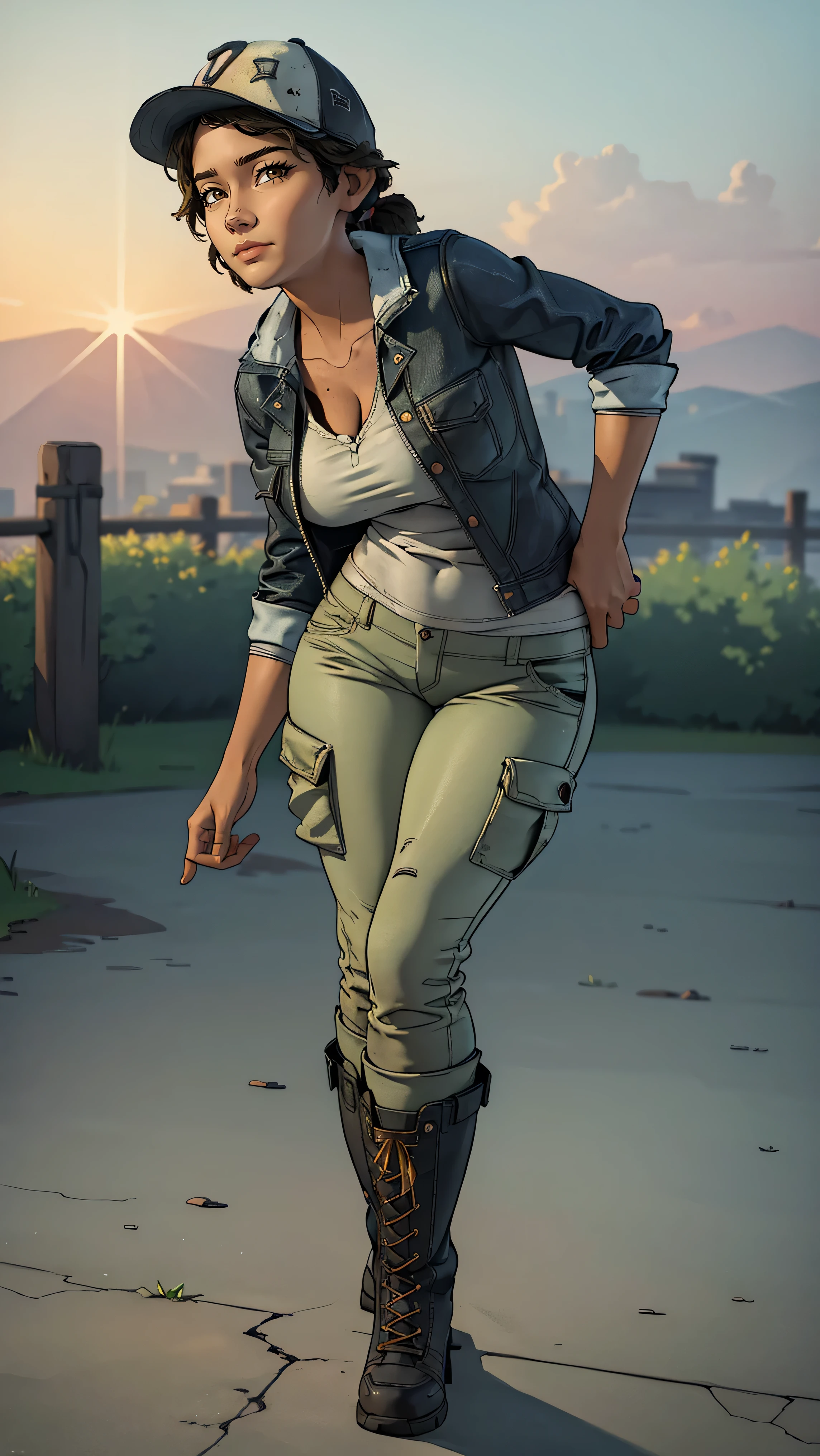 ((masterpiece, best quality)),(complex lighting) ,solo,(((1girl))) ,clementine, light skin,light-skinned female, baseball cap, green cargo pants, brown eyes, tight pants, combat boots, shirt, short hair, one short ponytail, open denim jacket, huge butt, thicc butt , (((8k))), (((full body))), (((bent over))), (((looking at the viewer))), (((view from in front of her))), big breasts