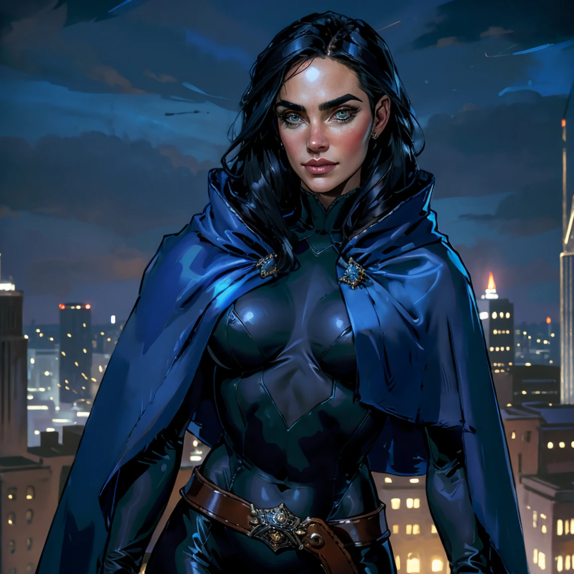 Masterpiece, Jennifer Connelly, cowboy shot, RavenTT, wearing a sexy RavenTT navy-blue cloak, black leotard, brooch, belt, perfect detailed eyes, delicate smile on your face, on the top of a loft in Los Angeles City at night with buildings and lights in the background bringing an elegant and modern air to the scene.