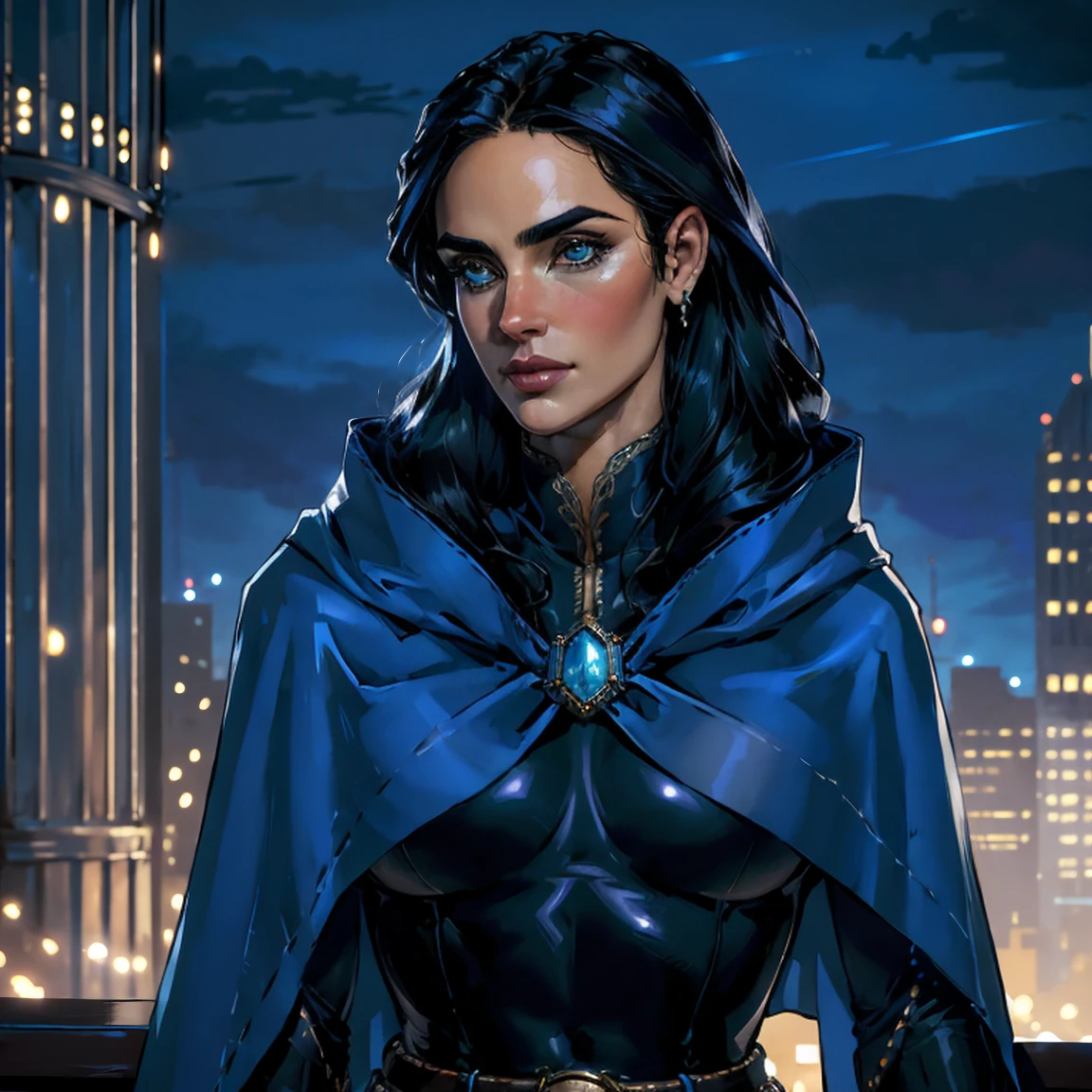 Masterpiece, Jennifer Connelly, cowboy shot, RavenTT, wearing a sexy RavenTT navy-blue cloak, black leotard, brooch, belt, perfect detailed eyes, delicate smile on your face, on the top of a loft in Los Angeles City at night with buildings and lights in the background bringing an elegant and modern air to the scene.