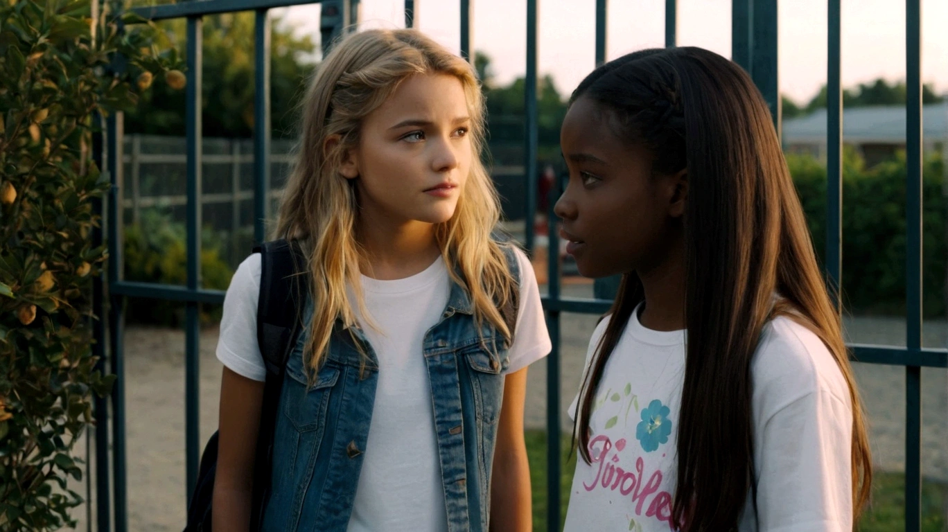 two young women standing next to each other near a fence, screenshot from a movie, #movie, still from a live-action movie, scene from the live-action movie, wonderful scene, screenshot from the movie, movie still high quality, scene from a film, still frame from a film, filmed from the film, medium shot of two characters, still from a film, beautiful scene, they watch their friend arriving