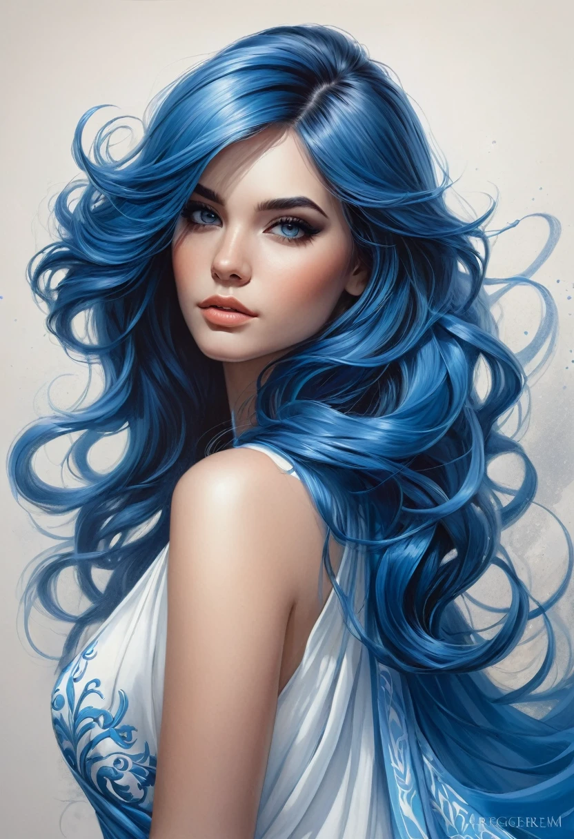un dibujo de una mujer con cabello azul y un vestido blanco, an airbrush painting by Artgerm, tendencia en artstation, fantasy art, azur. cabello detallado, neoartcore y charlie bowater, Retrato de germen de arte, dibujado al estilo de artgerm, chica con cabello azul, extremely detailed artistic germ, gran arte digital con detalles