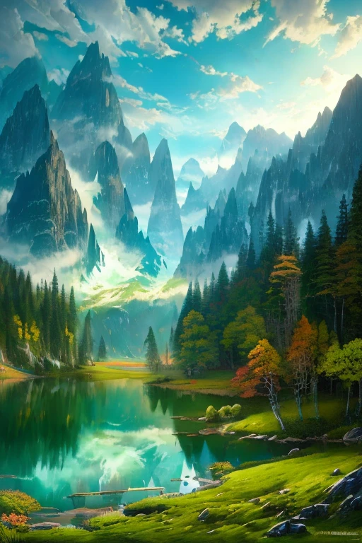 painting of a mountain lake with a green sky and mountains in the background, a fine art painting inspired by James Pittendrigh MacGillivray, cg society contest winner, hudson river school, wayne barlowe pierre pellegrini, micheal whelan, chris moore”, a lake between mountains, raphaël, style of tim hildebrandt, hildebrandt, high reflections oil