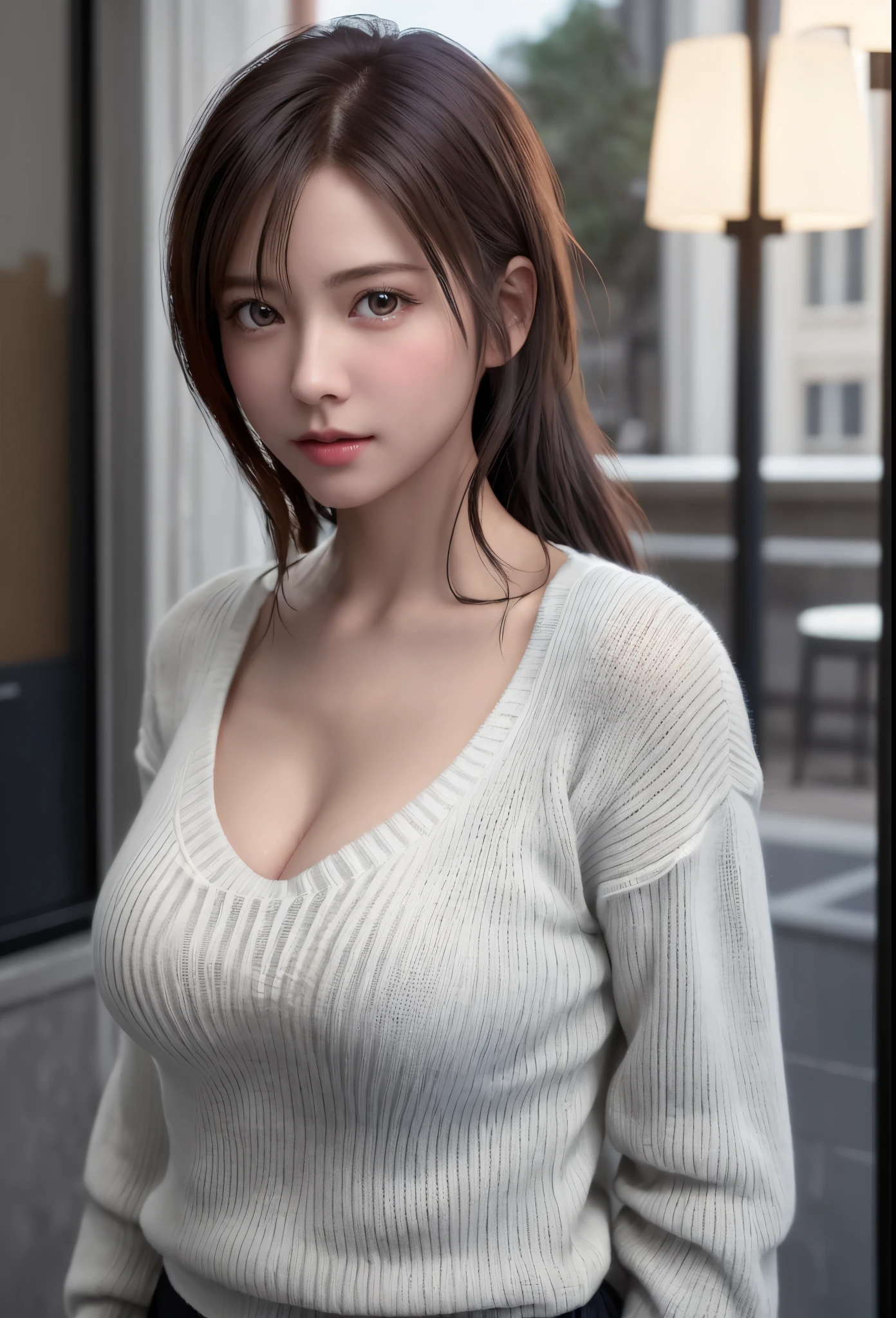 8K, of the highest quality, masutepiece:1.2), (Realistic, Photorealsitic:1.37), of the highest quality, masutepiece, Beautiful young woman, Pensive expression,、A charming、and an inviting look, Oversized knitwear、cleavage of the breast, Hair tied back, Cinematic background, Light skin tone