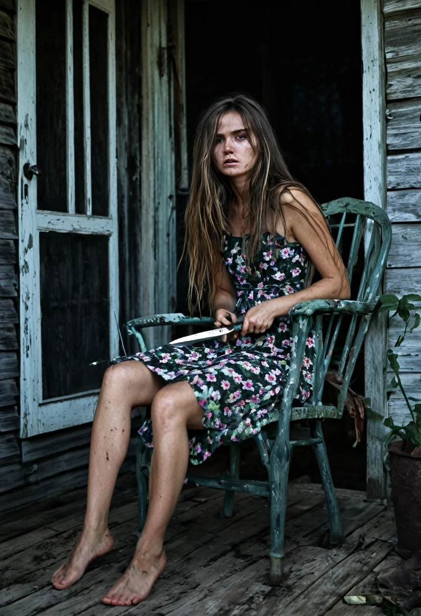 Girl sitting on a chair on the porch, enjoying the farm, wearing dirty flowered dress, barefoot, extremely sad, lonely, hurt, long hair, messy hair, horror atmosphere, horror, terrifying, holding a knife