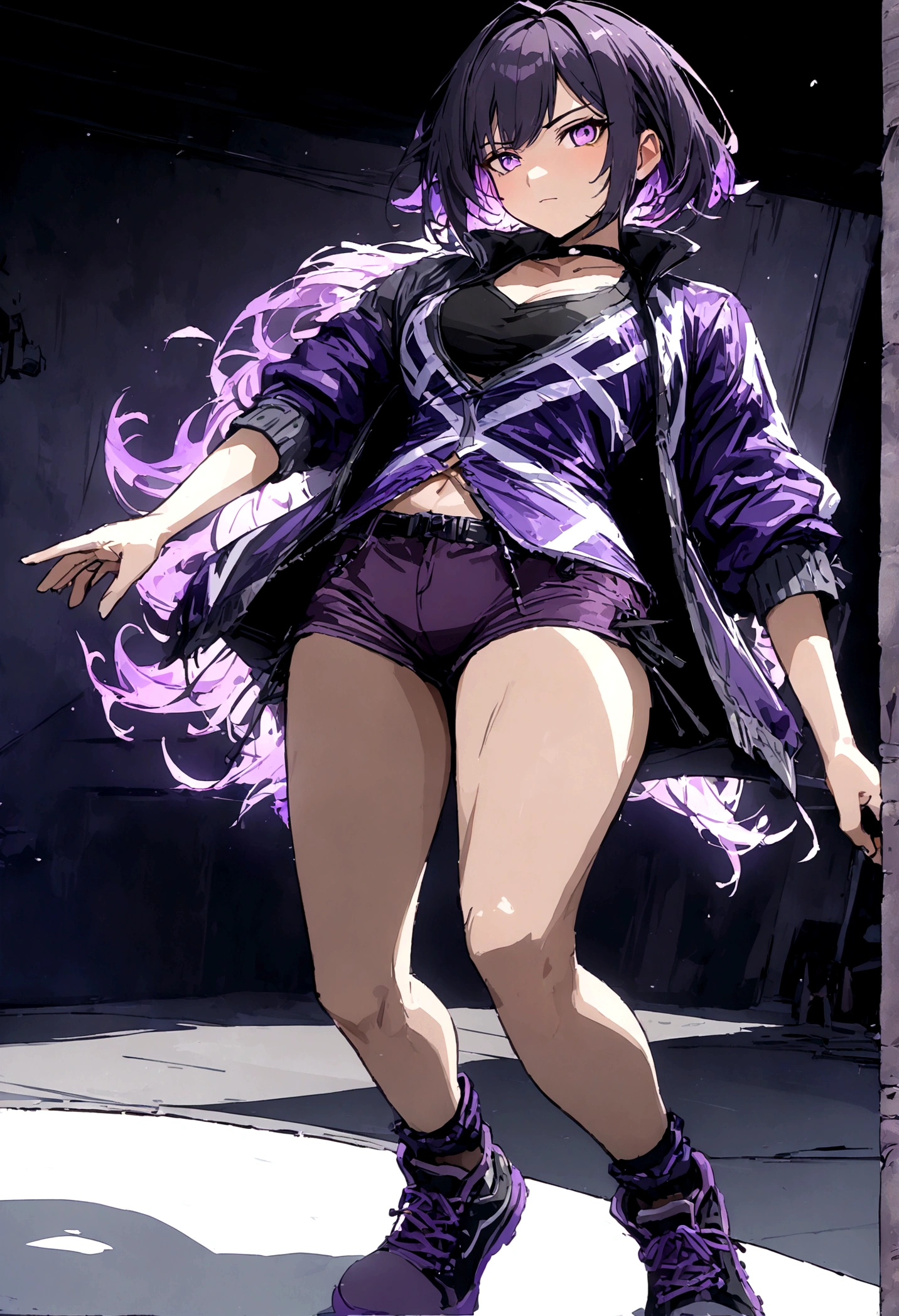full body, tomboy, mature, sexy, smart, hair color black, short pitch black hair, real detail eyes pupil purple, Short jacket, black plain tank top, long black plain jeans, black sneakers with purple ties, black chokers, anime style, detailed, (best quality,4k,8k,highres,masterpiece:1.2),ultra-detailed,vibrant colors,dramatic lighting,cinematic composition,digital painting, white background.