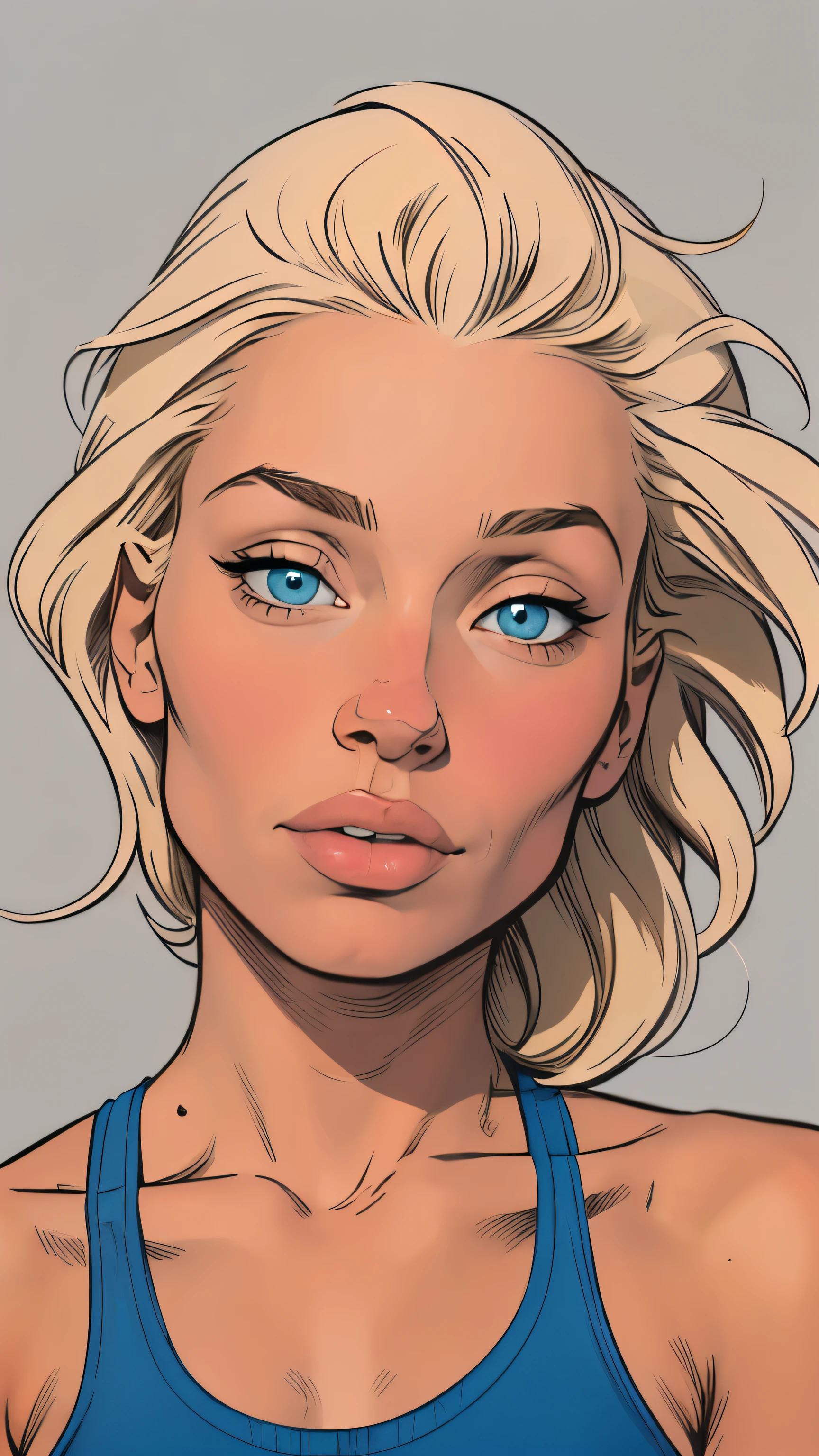 
Flat colors,close-up, portrait,  of a 19 
year old surfer looking girl, tan skin, ([blue eyes]) Beach blonde salty hair, natural beaty, beautiful, casual, blue tank top, masterpiece, (([Simple grey background]))

