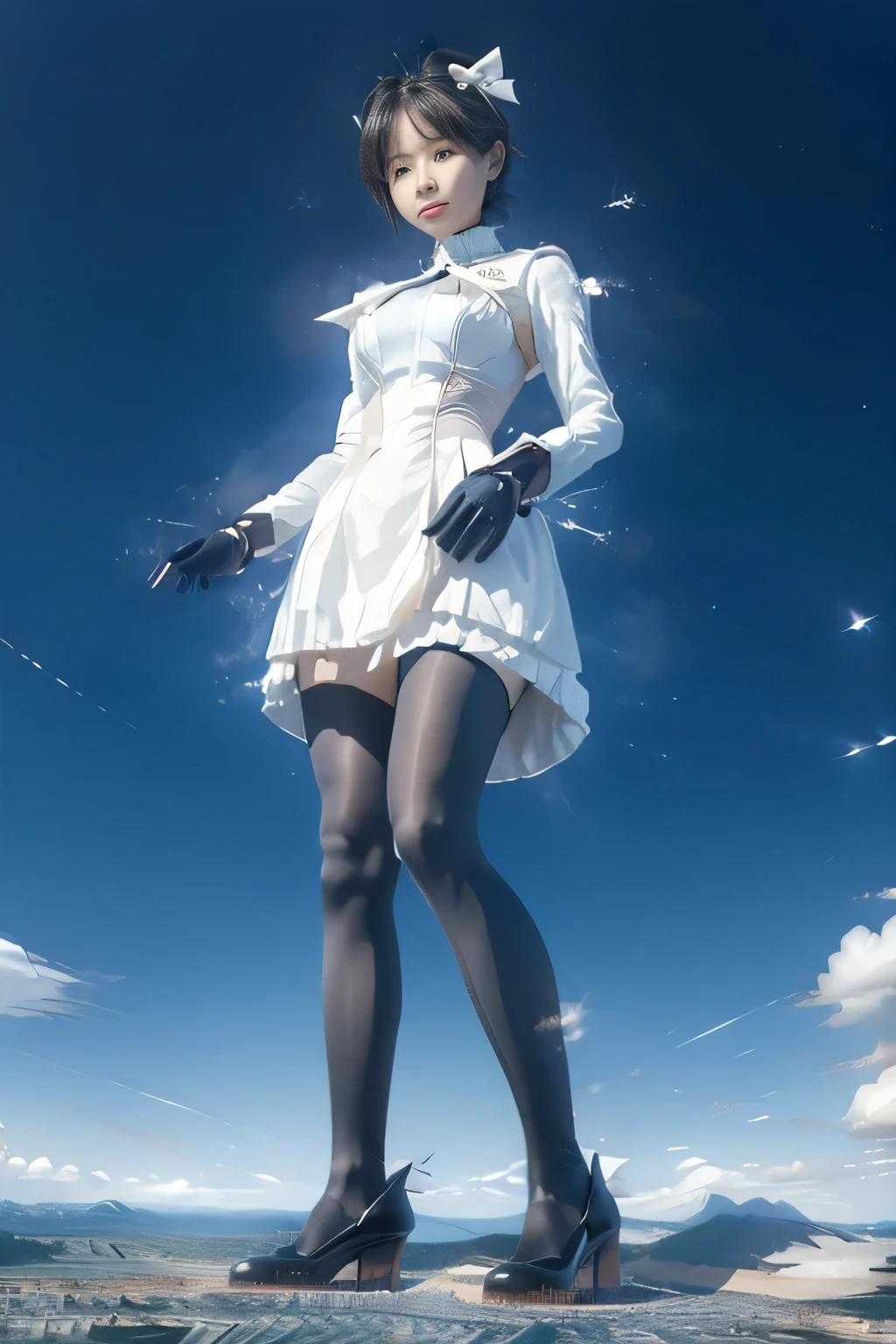 giantess art, highly detailed giantess shots, giantess, Two legs, Five fingers, short hair, A beautiful girl who is bigger than a skyscraper, smile, huge breasts, blue base and white accents magical girl dress, bow, magical girl, holding a magical wand, black pantyhose, blue stiletto heels, thunderbolt from a magical wand, Destroying cities, Under heavy attack, A very small big city, Miniature metropolis, Full body description, GTS, giga giantess, stomping city, crash city, tiny city, micro city, pantyhose feet, High resolution, highest quality, masterpiece,
