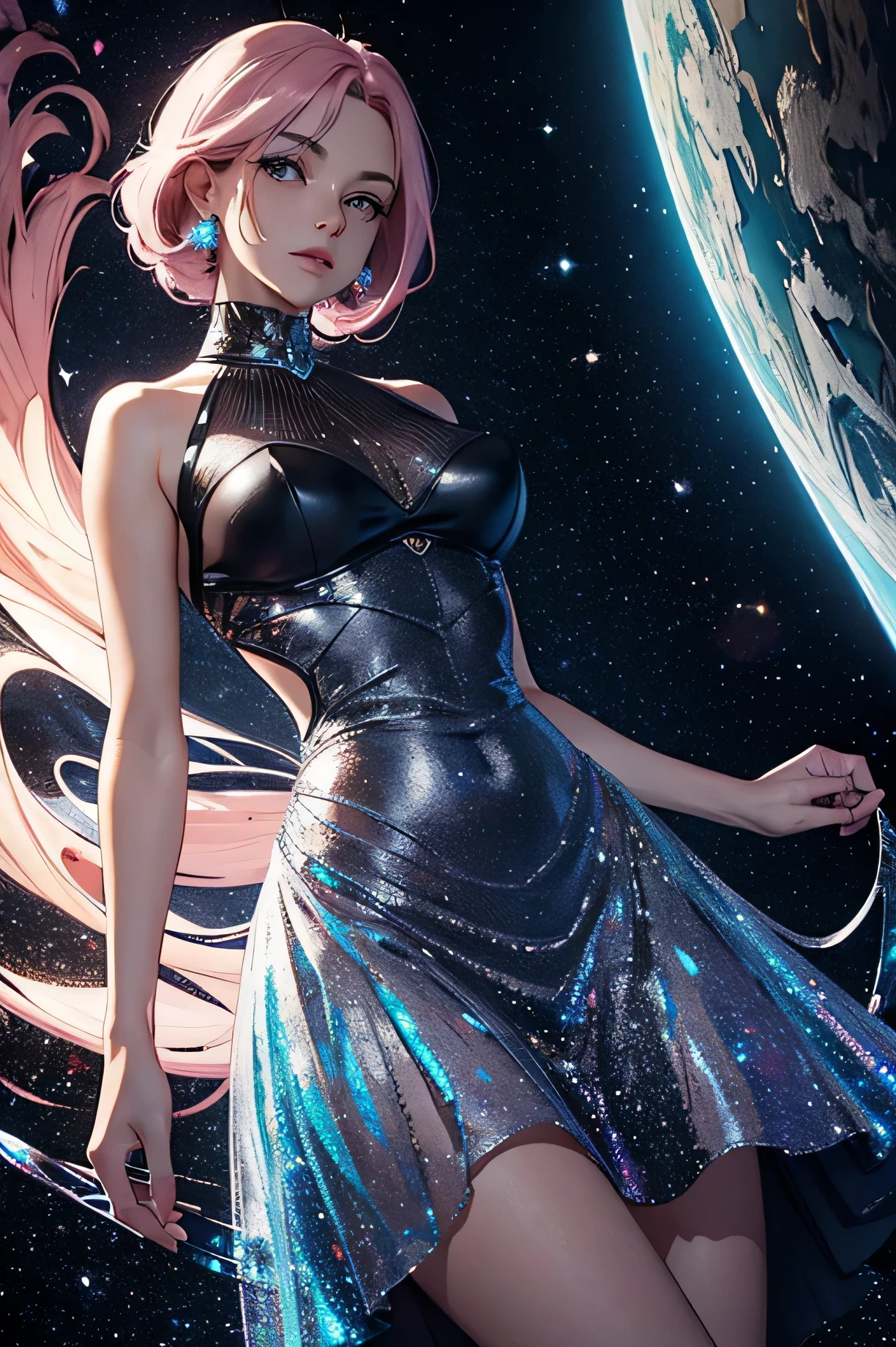 Mulher, de cabelos longos rosa, cabelo rosa, olhos rosa, olho rosa forte, simetrico, encorpada, usando um vestido negro, energia dourada em volta, High resolution, bem desenhado, hd, anatomia bem feita, sem erros,
Ambiente: um asteroide (planeta) made of crystal Dress goes from the neck to the floor