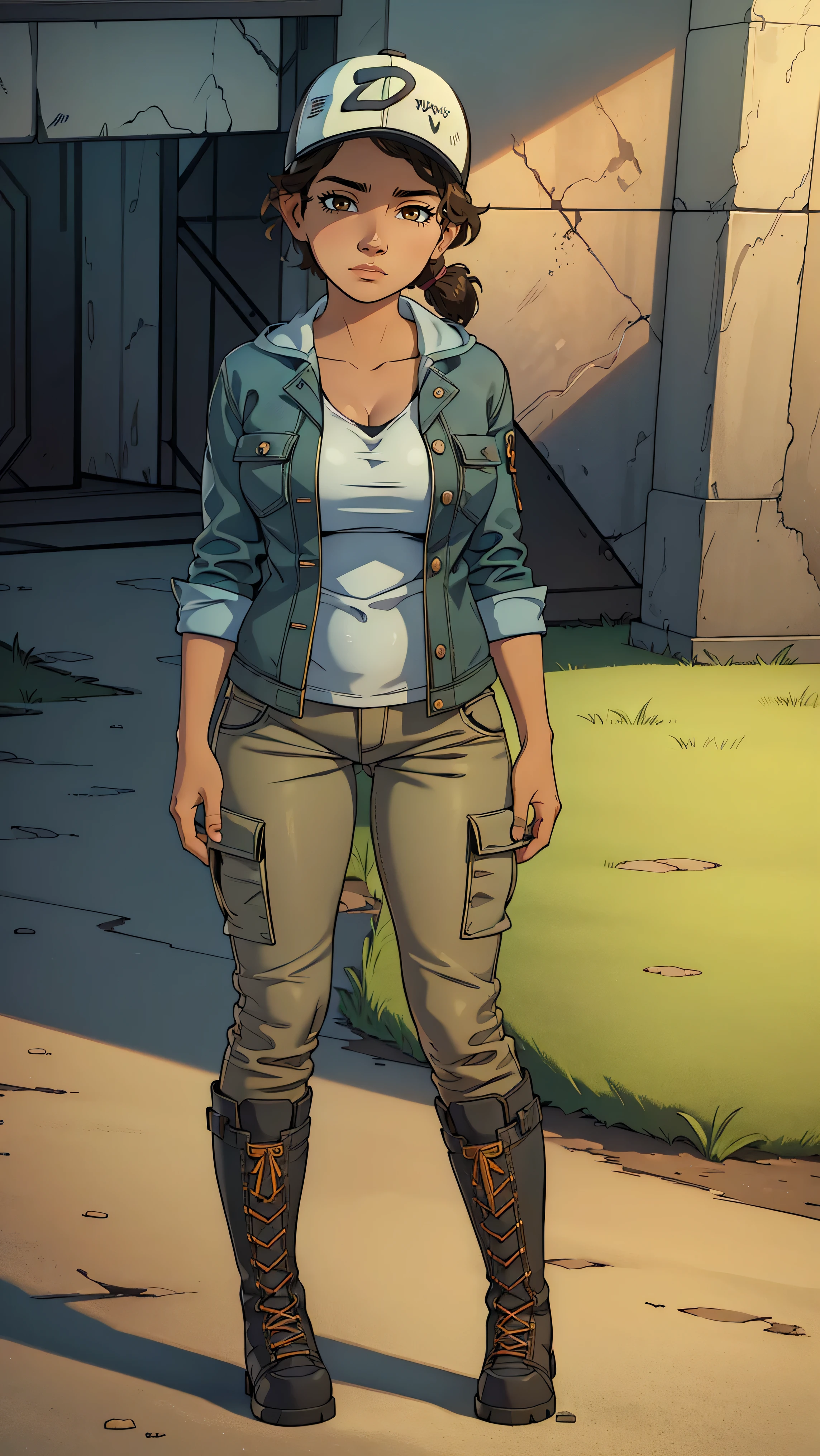 ((masterpiece, best quality)),(complex lighting) ,solo,(((1girl))) ,clementine, light skin,light-skinned female, baseball cap, green cargo pants, brown eyes, tight pants, combat boots, shirt, short hair, one short ponytail, open denim jacket, huge butt, thicc butt , (((8k))), (((full body))), (((bent over))), (((looking at the viewer))), (((view from in front of her))), big breasts