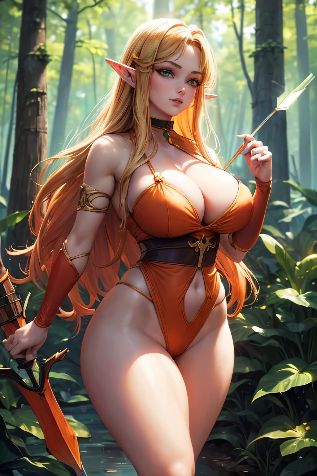 (Beautiful elf woman:1.2), (zoomed out full body shot), (in forest:1.1), (detailed backround), (long blonde red orange ombre gradient hair:1.2), (tall slim body:1.1), (big green eyes), wearing (choker), (holding quiver of arrow:1.2), (round breasts), (bubble butt), (wide hips:1.1), (slim waist:1.1), (thick thighs:1.1), (detailed face and eyes:1.2), (gorgeous face), (seductive smirk), (anatomically correct), (colored photo), hyperrealistic, (masterpiece), depth of field, f/1.2, leica, 8K HDR, high contrast, shadows, (detailed hand and finger:1.2), (medium breasts:1.2), (busty), (deep cleavage:1.2), (labia outline:1.3), (hard teat:1.3).