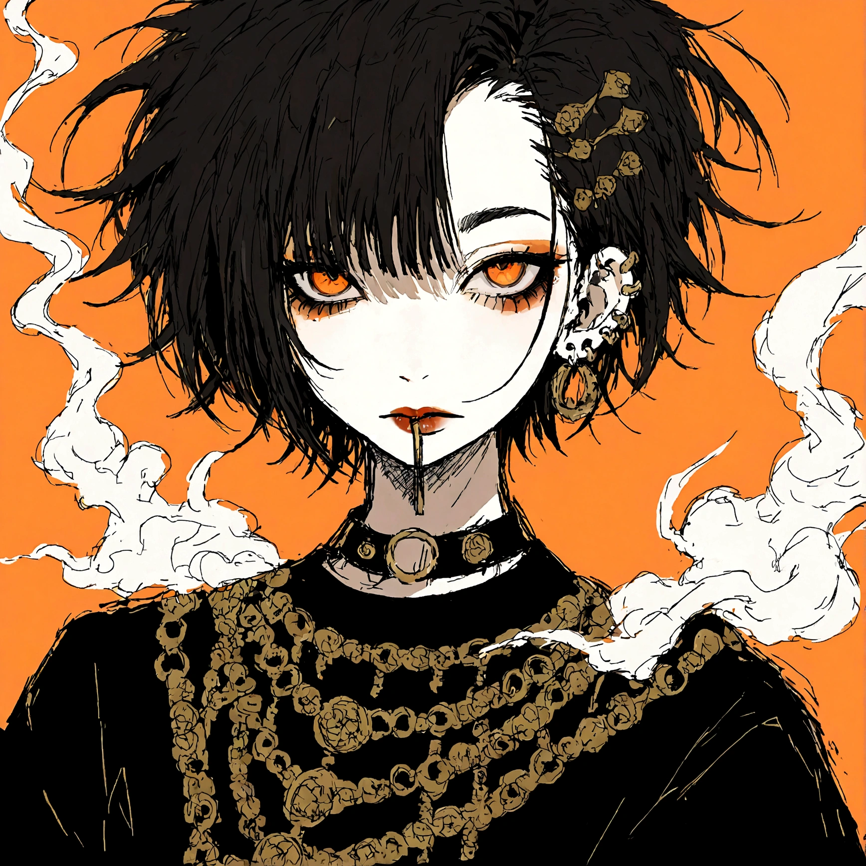 a punk female with long curly black hair, orange eyes and an orange backround, smoke coming from mouth, wearing punk goth attire, wearing goth makeup, solo, alone, black eyeliner, (SOLO)(ALONE), intricate gold ear piercings, has a shaved undercut